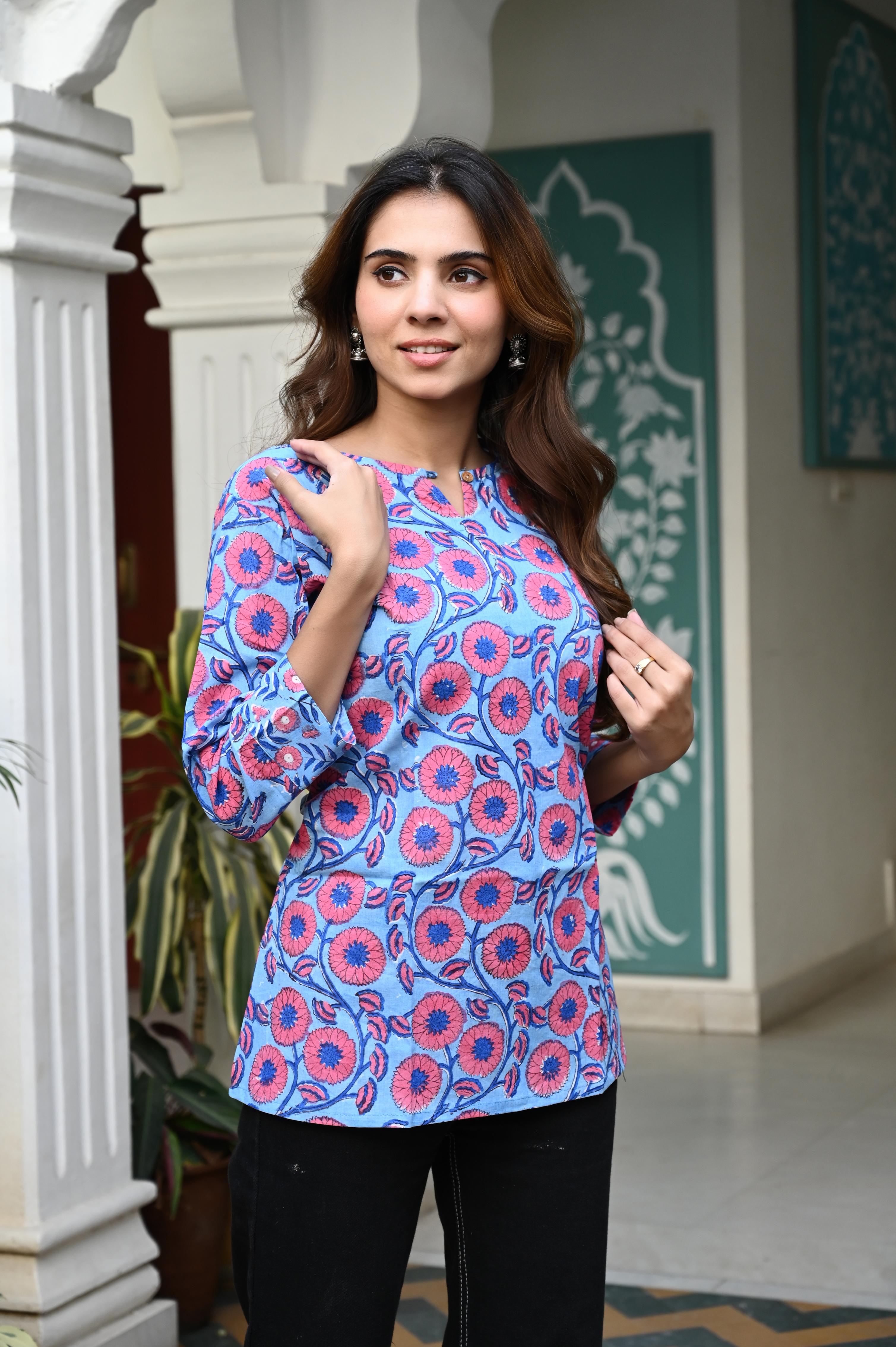 Blue & Pink Floral Hand-Block Printed Cotton Short Kurti Top