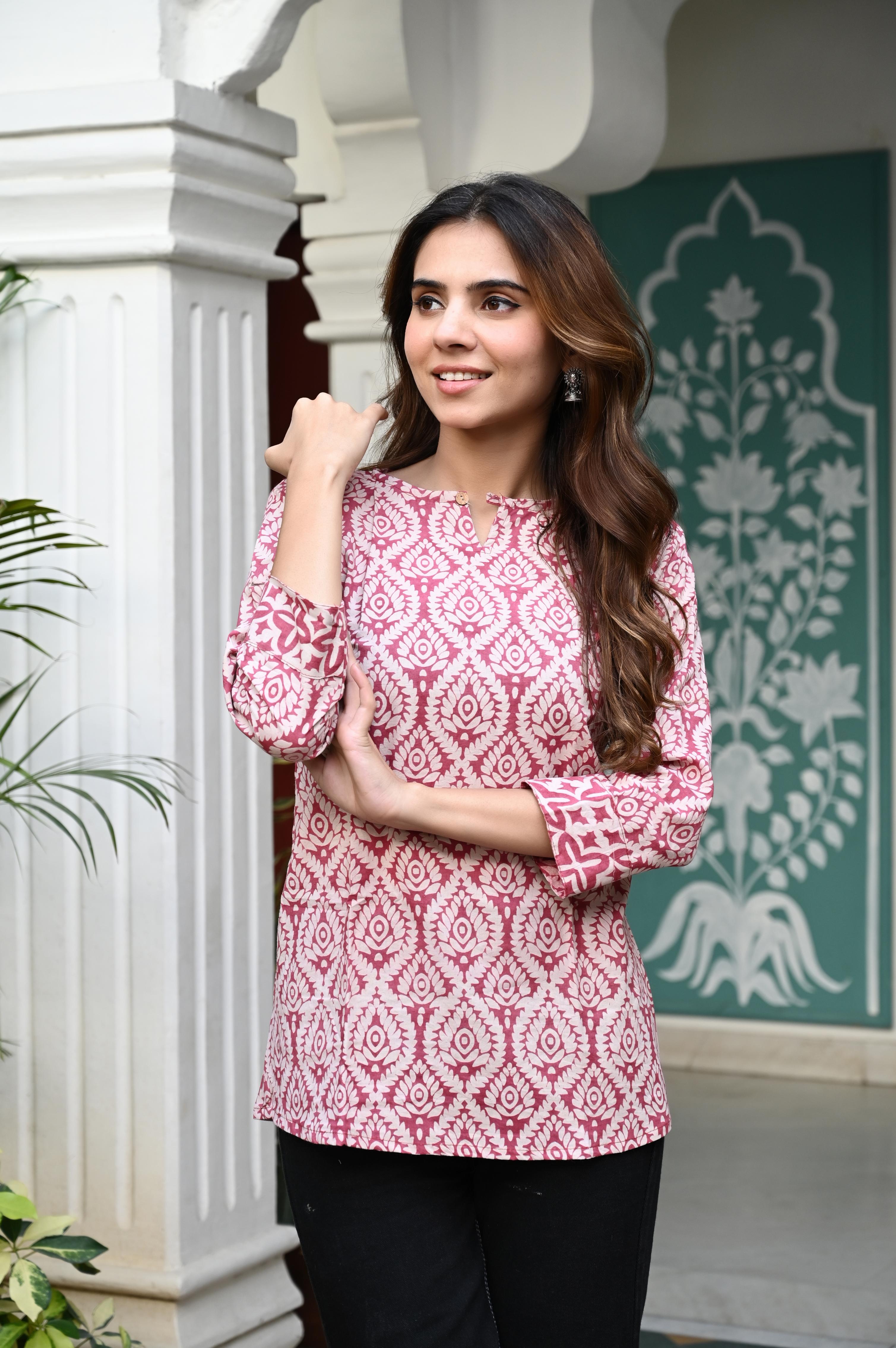 Dusty Rose Geometric Floral Hand-Block Cotton Short Kurti Top