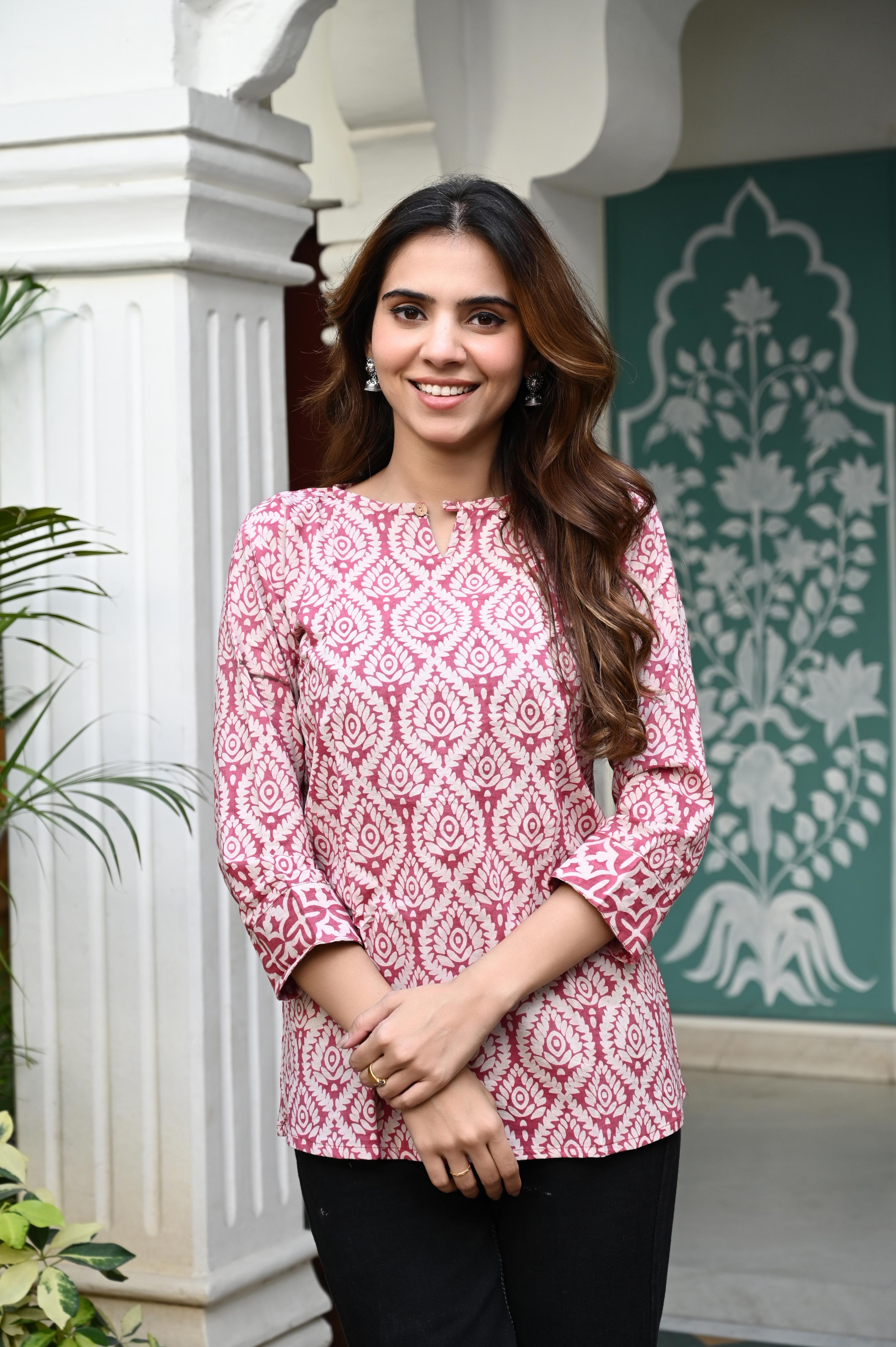 Dusty Rose Geometric Floral Hand-Block Cotton Short Kurti Top