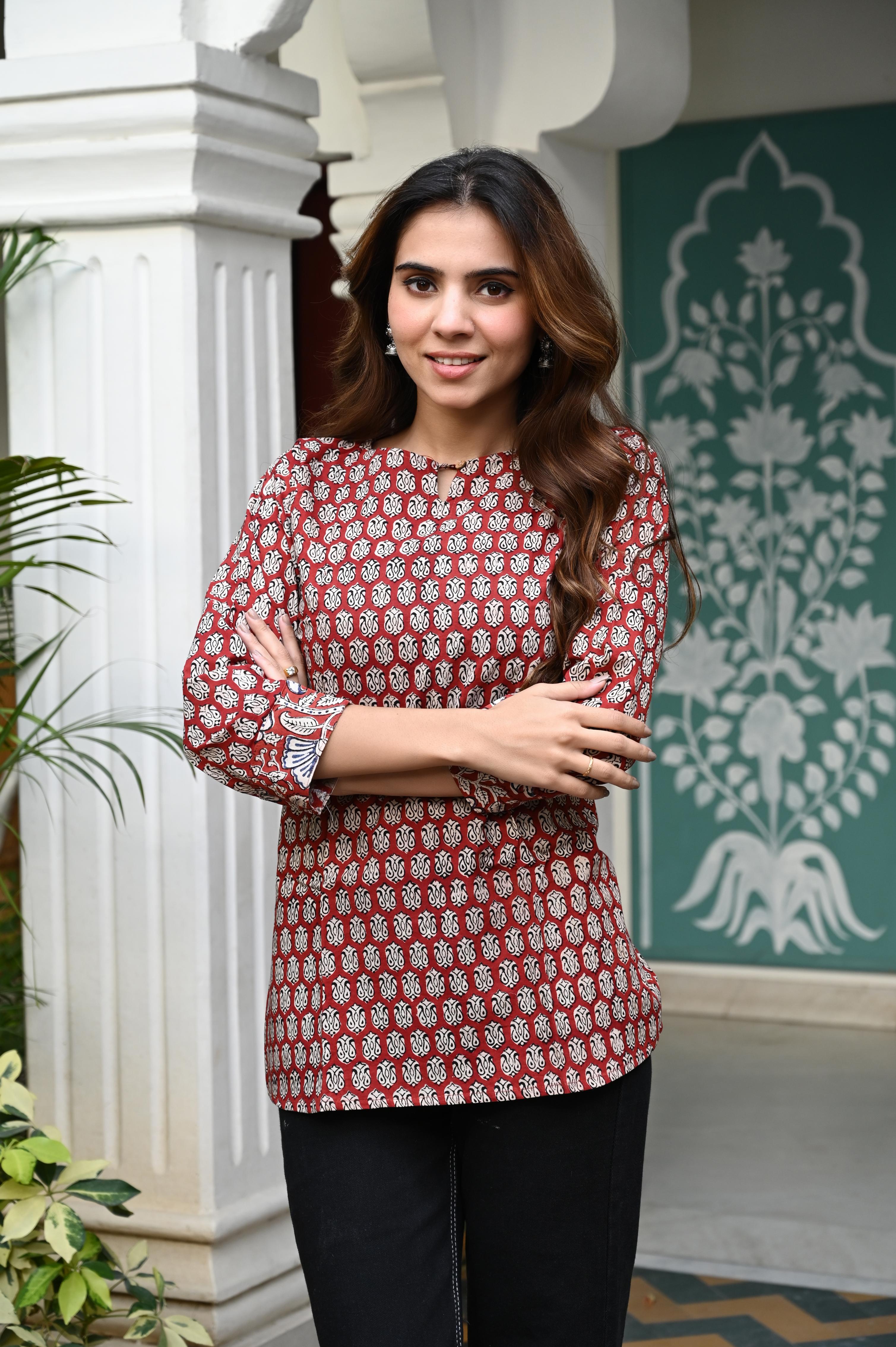 Maroon & Cream Hand-Block Printed Cotton Short Kurti Top