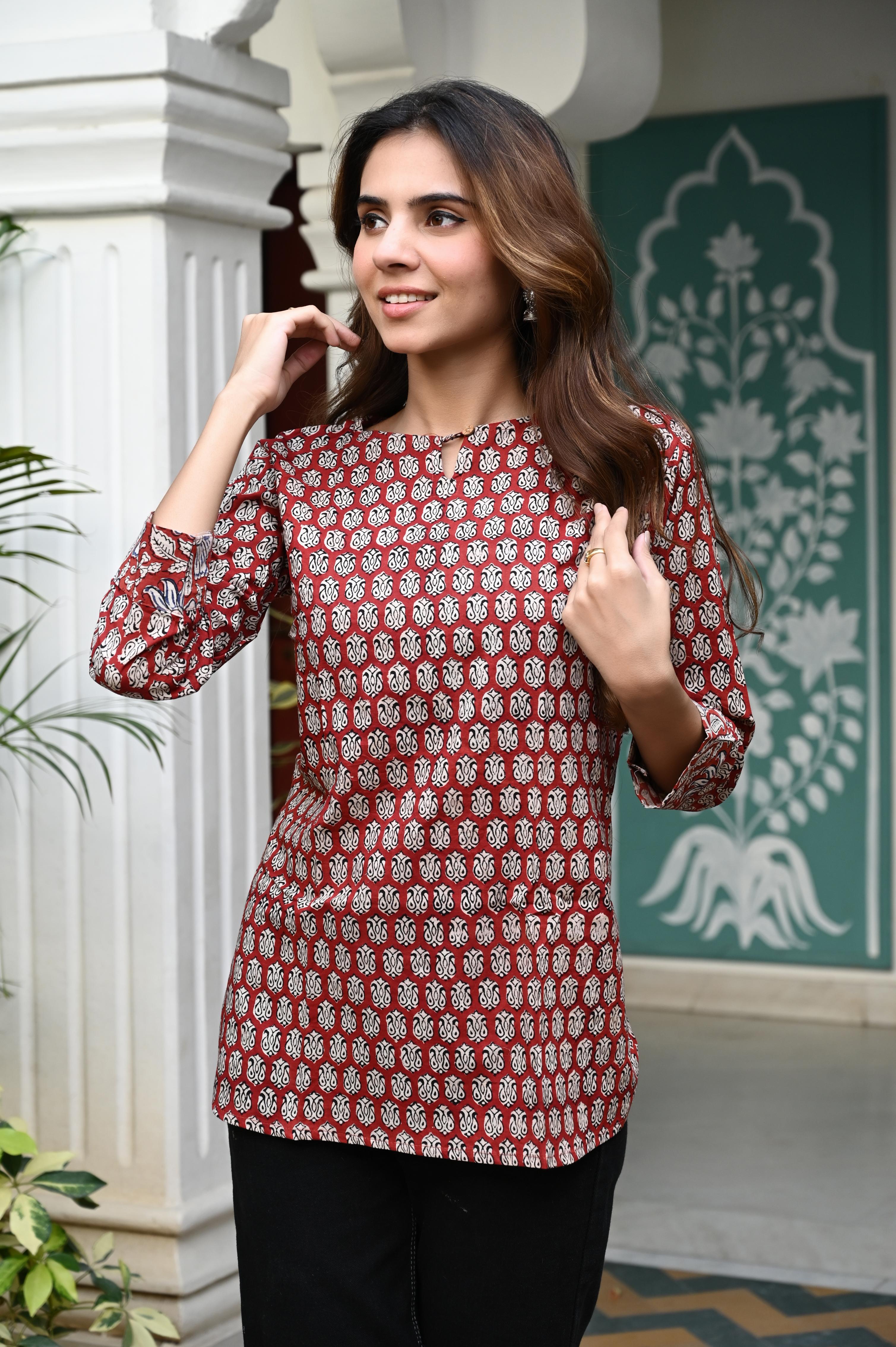 Maroon & Cream Hand-Block Printed Cotton Short Kurti Top
