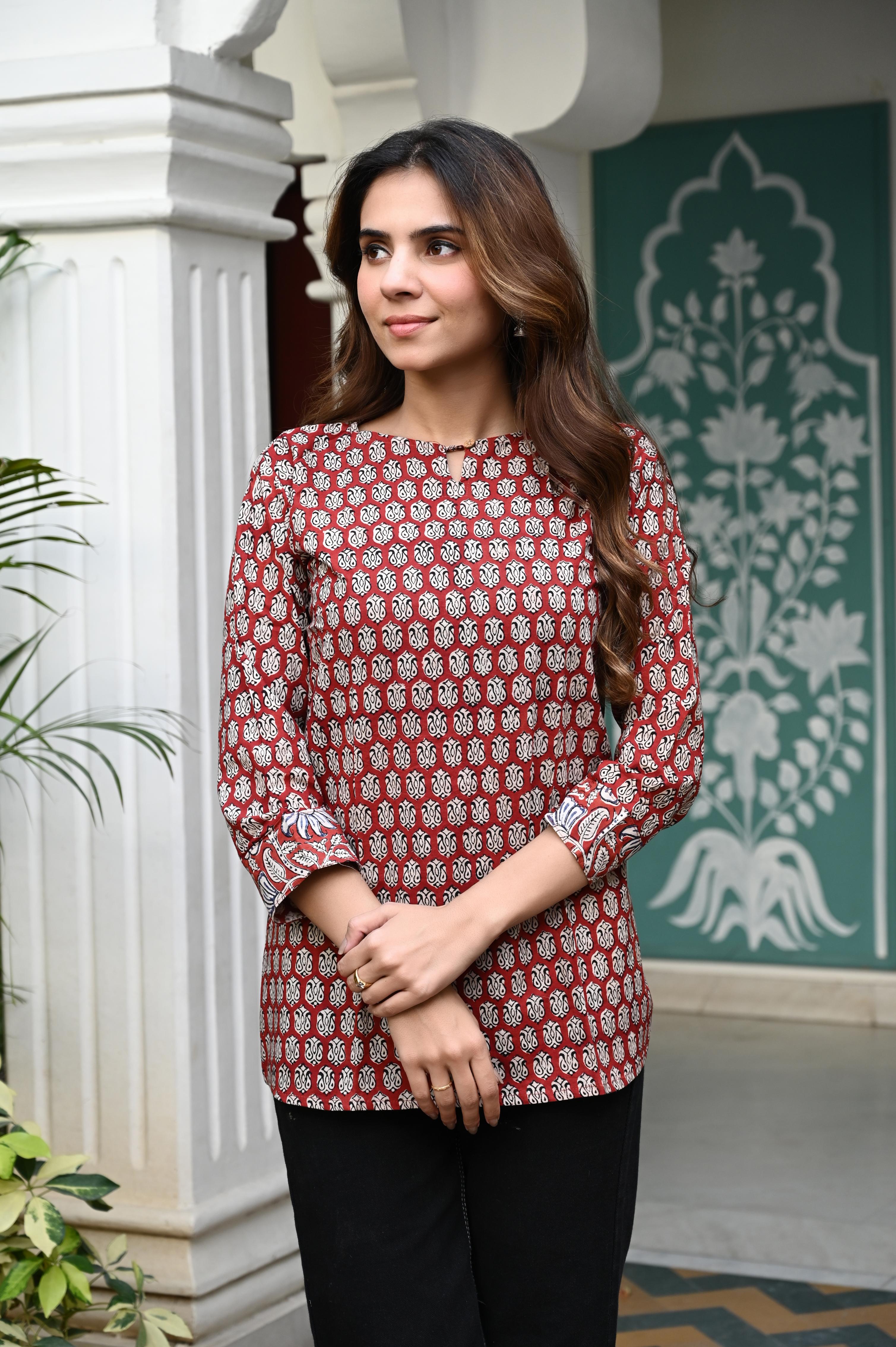 Maroon & Cream Hand-Block Printed Cotton Short Kurti Top