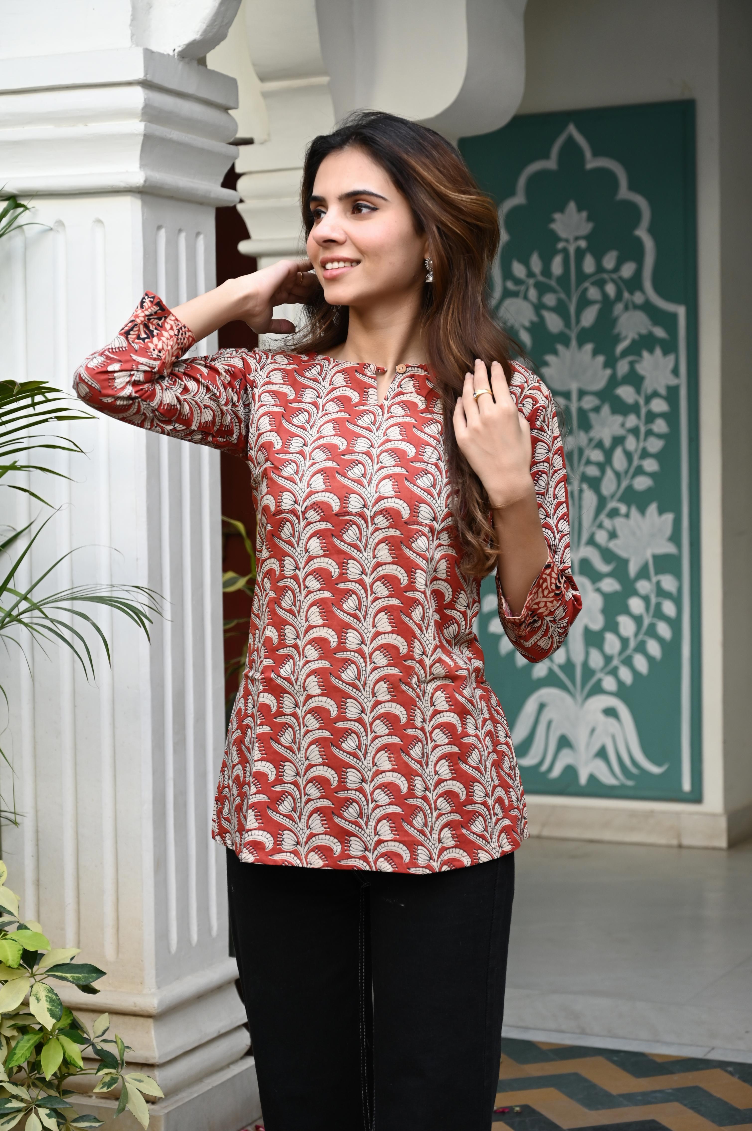 Rust Orange Hand-Block Floral Vine Cotton Short Kurti Top