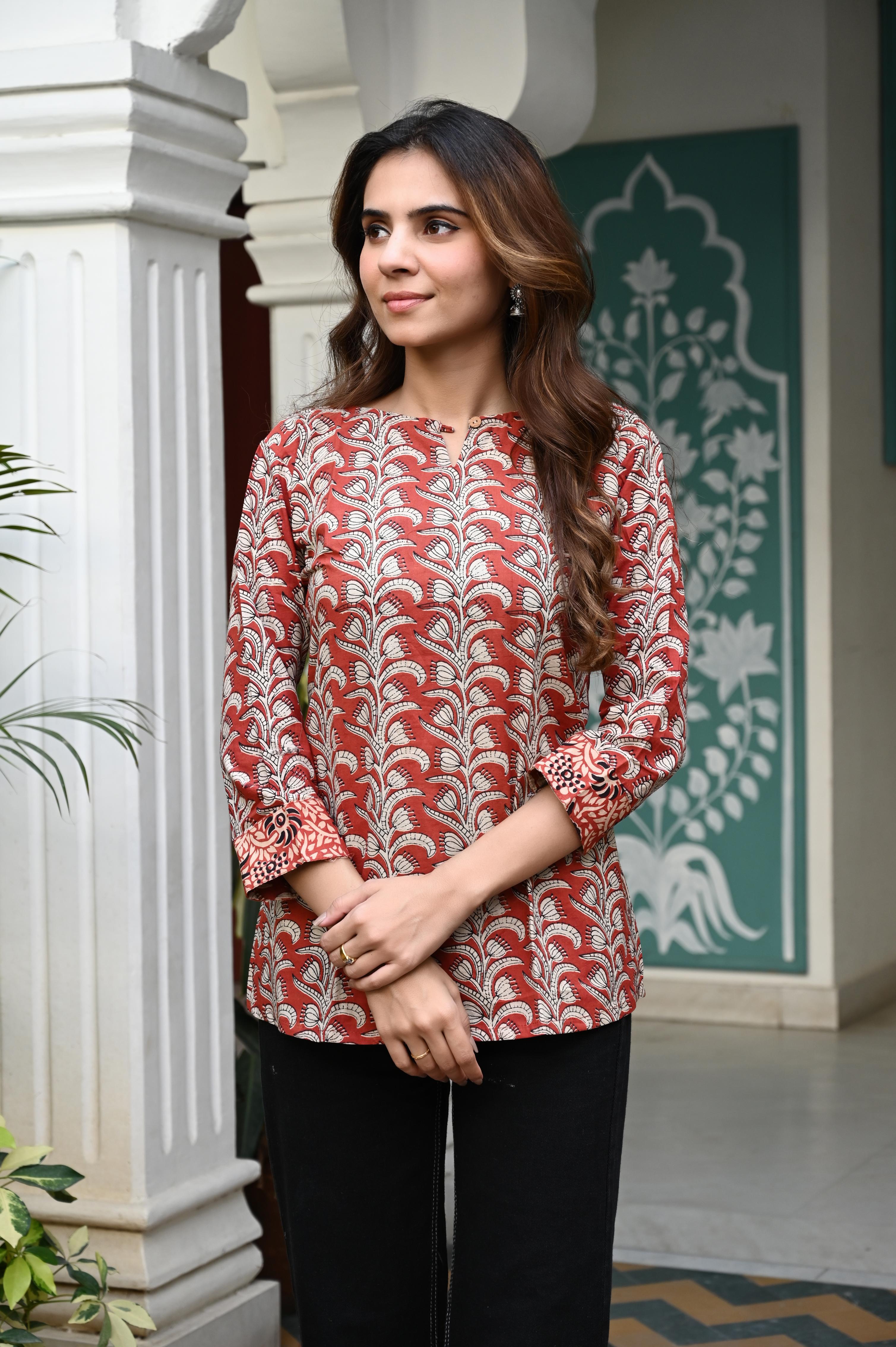 Rust Orange Hand-Block Floral Vine Cotton Short Kurti Top