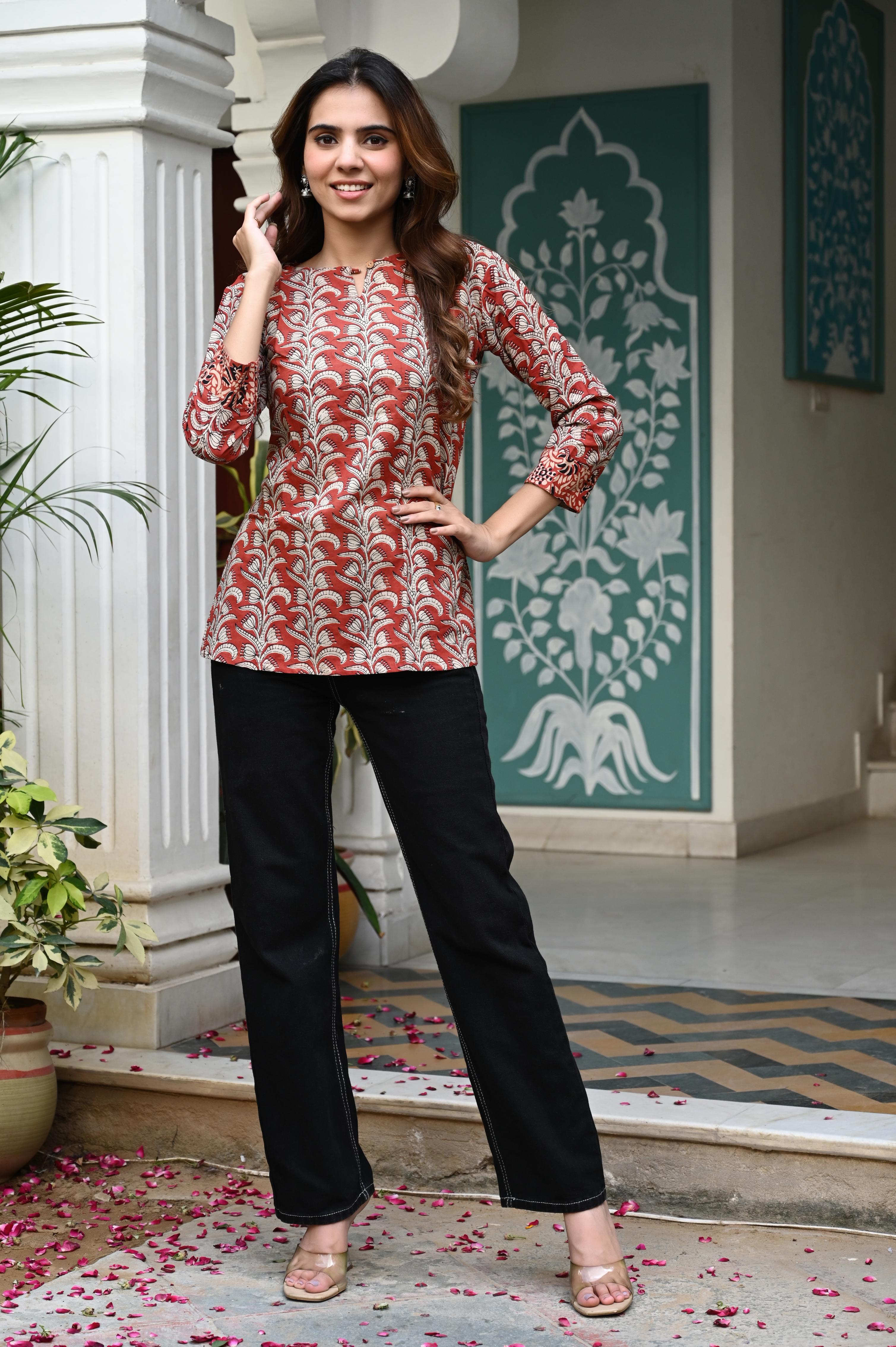 Rust Orange Hand-Block Floral Vine Cotton Short Kurti Top