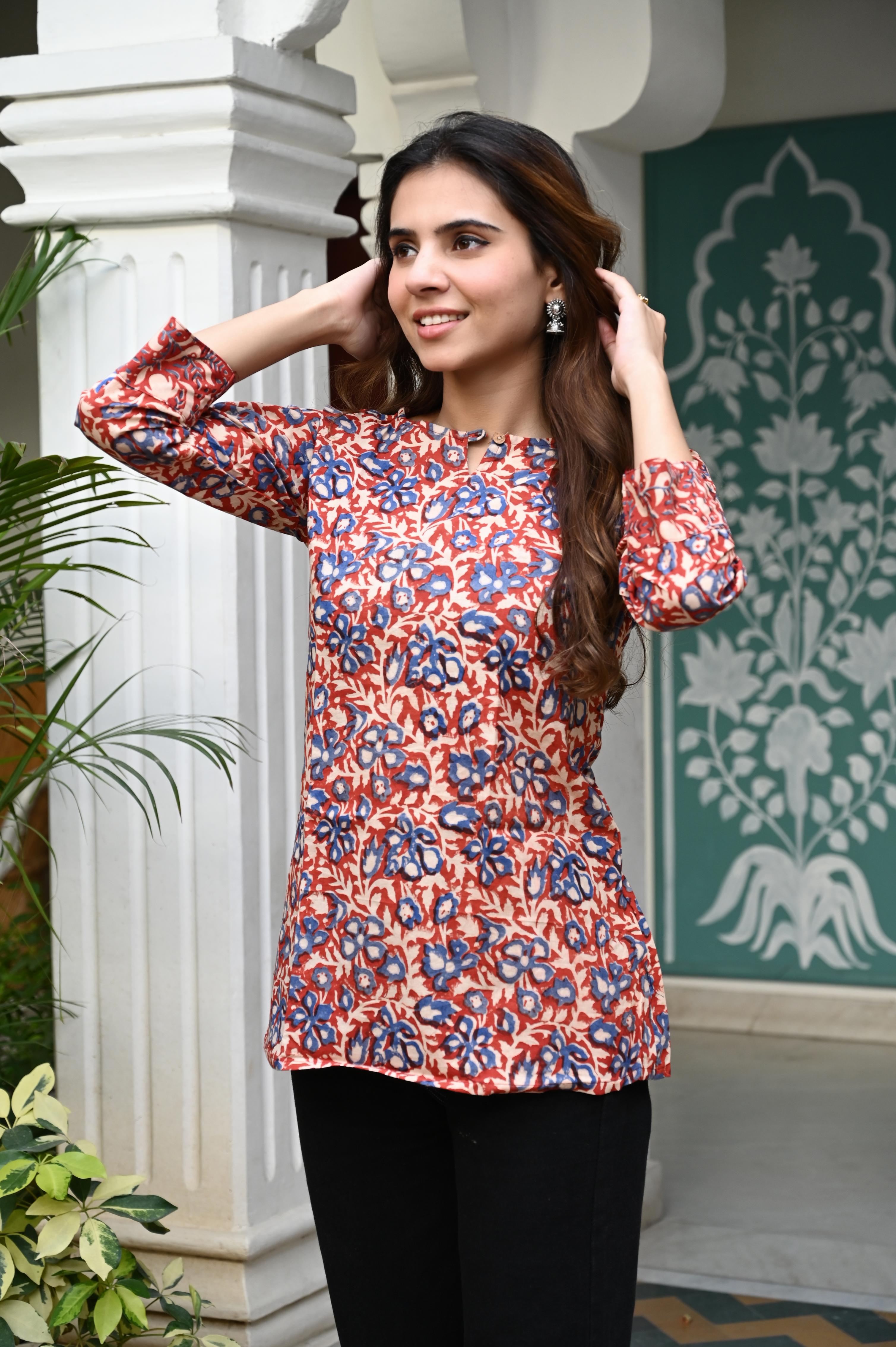 Indigo Blue & Rust Floral Hand-Block Printed Cotton Short Kurti Top
