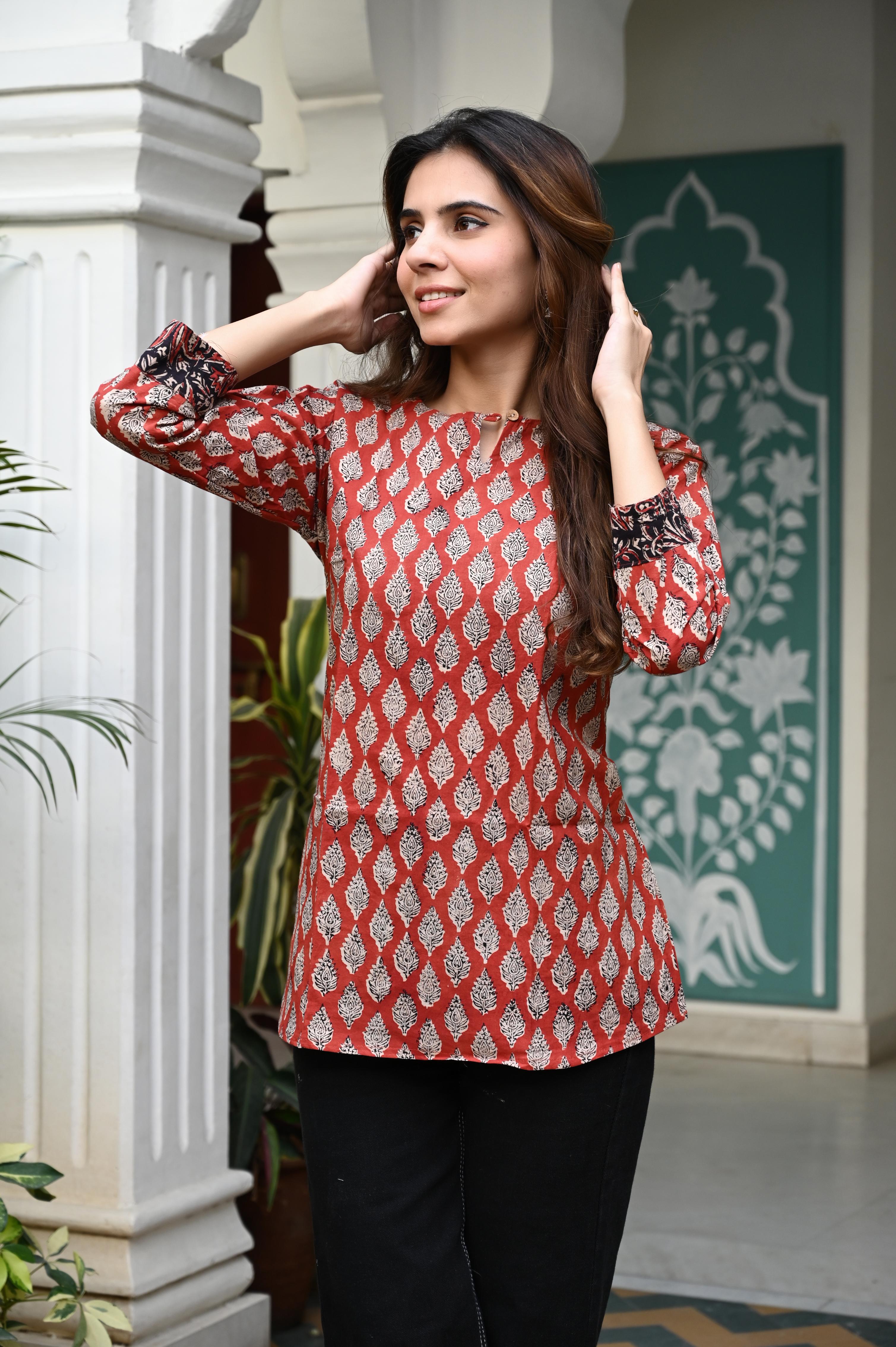 Rust Orange Leafy Hand-Block Printed Cotton Short Kurti Top