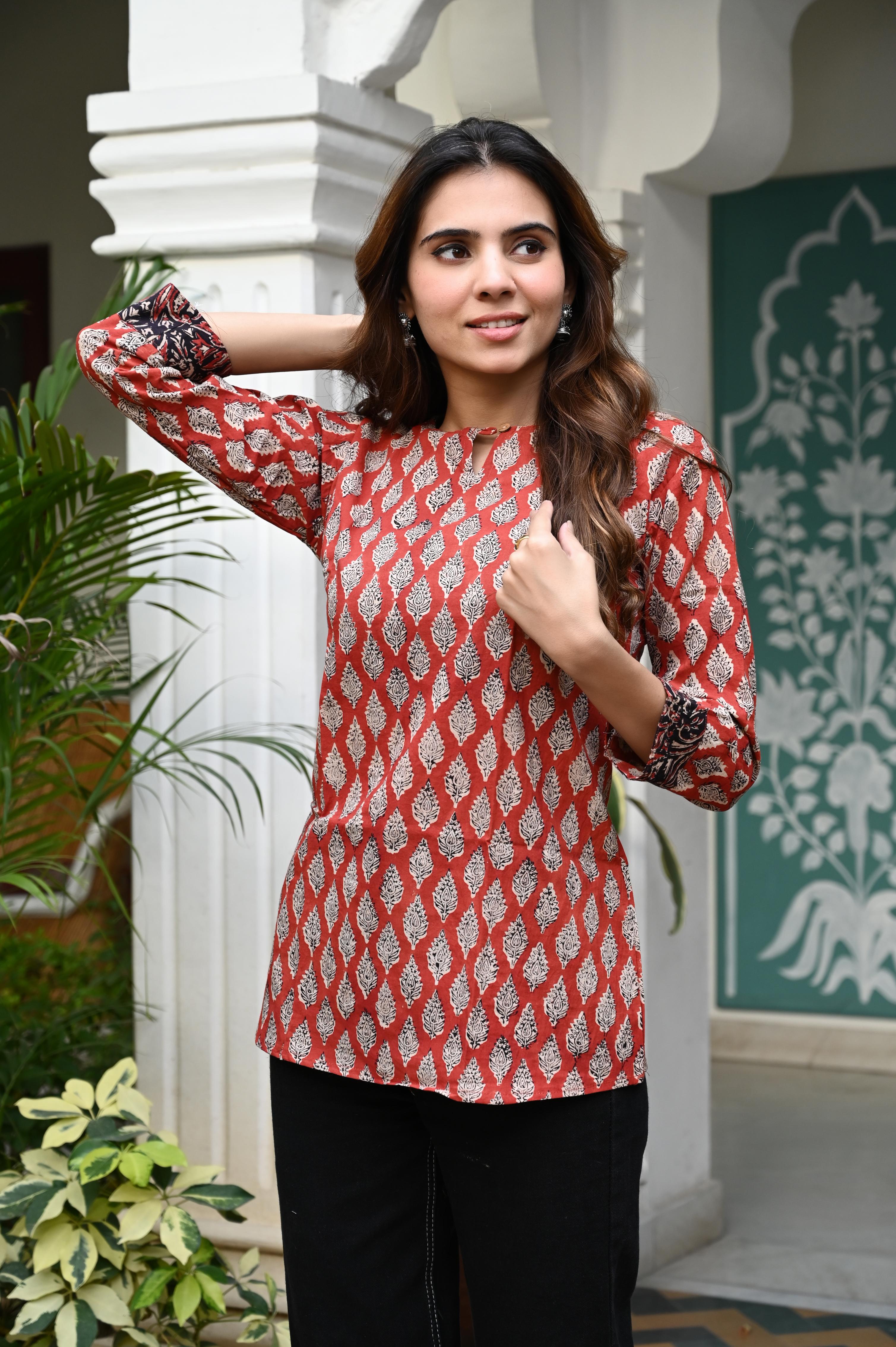 Rust Orange Leafy Hand-Block Printed Cotton Short Kurti Top