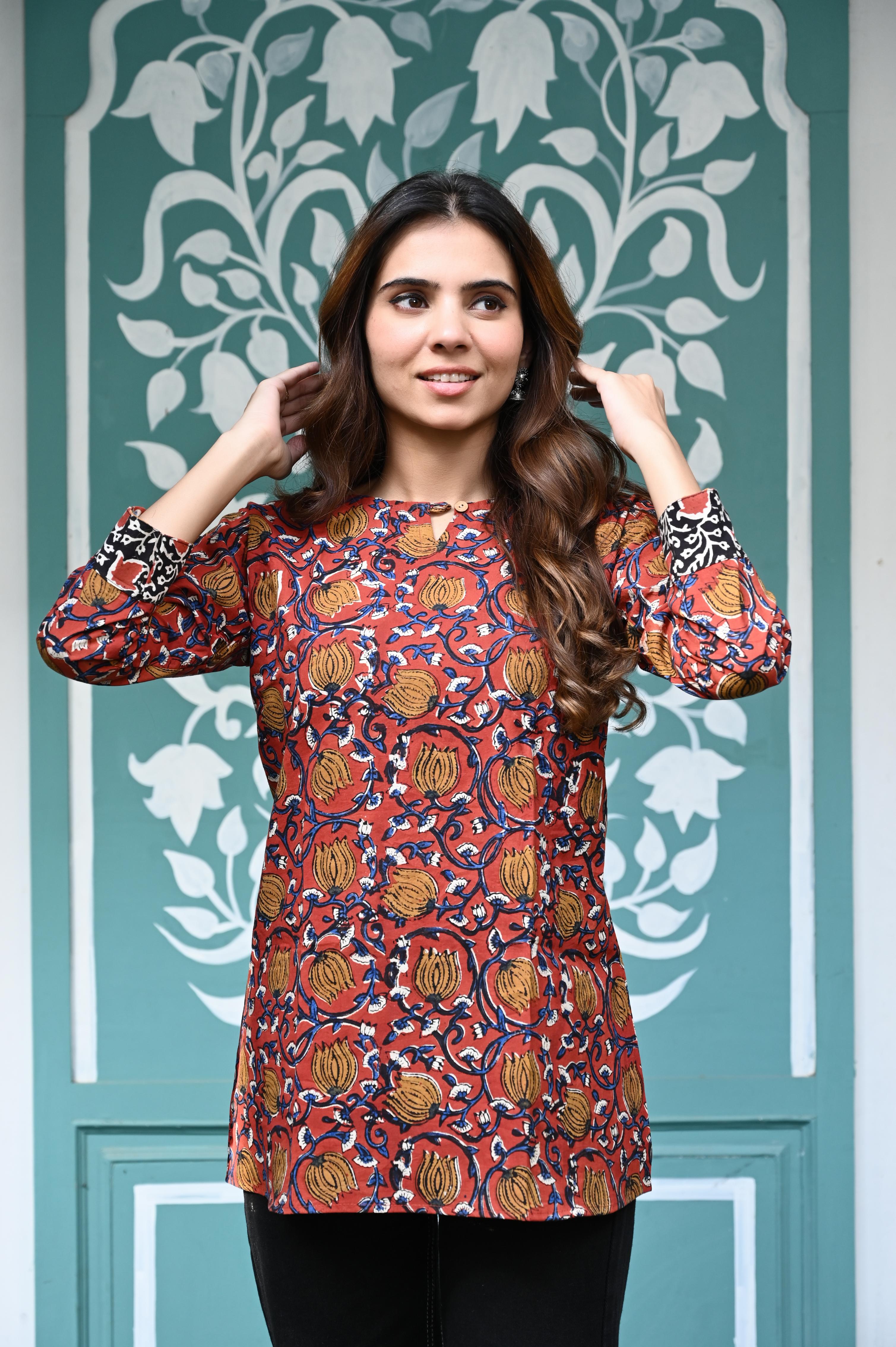 Earth Tone Mustard & Rust Hand-Block Kalamkari Short Kurti Top