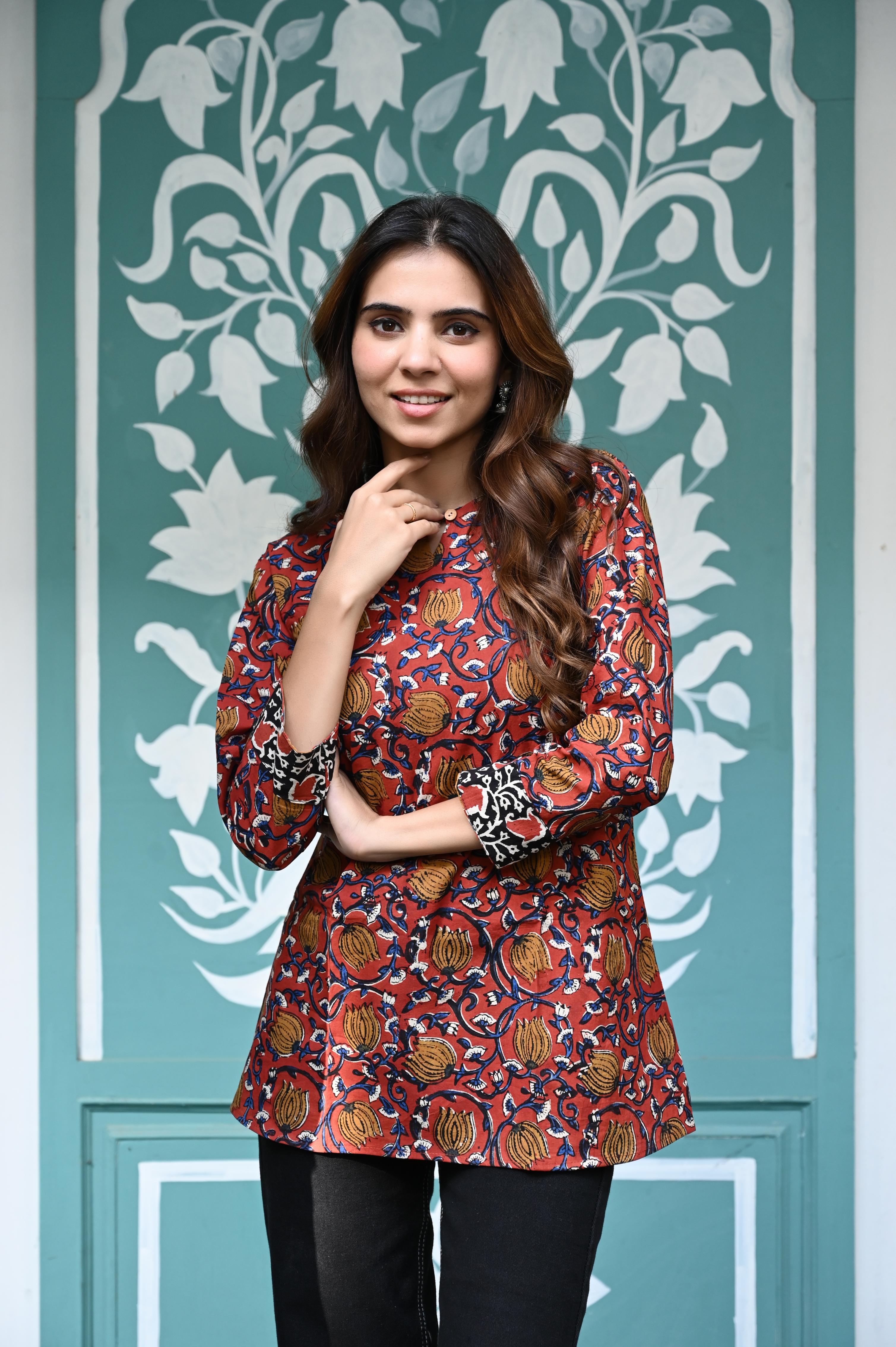 Earth Tone Mustard & Rust Hand-Block Kalamkari Short Kurti Top
