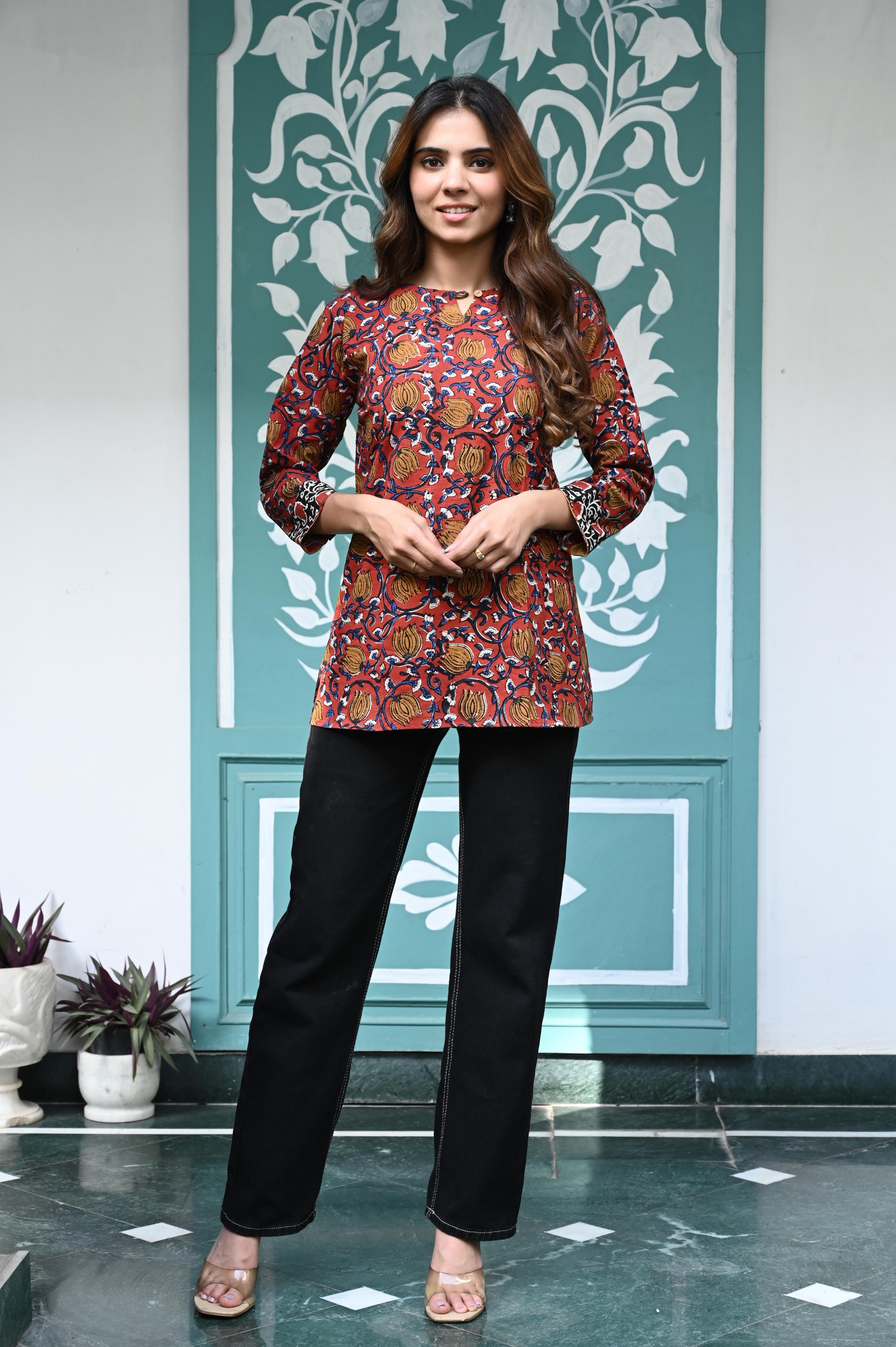 Earth Tone Mustard & Rust Hand-Block Kalamkari Short Kurti Top