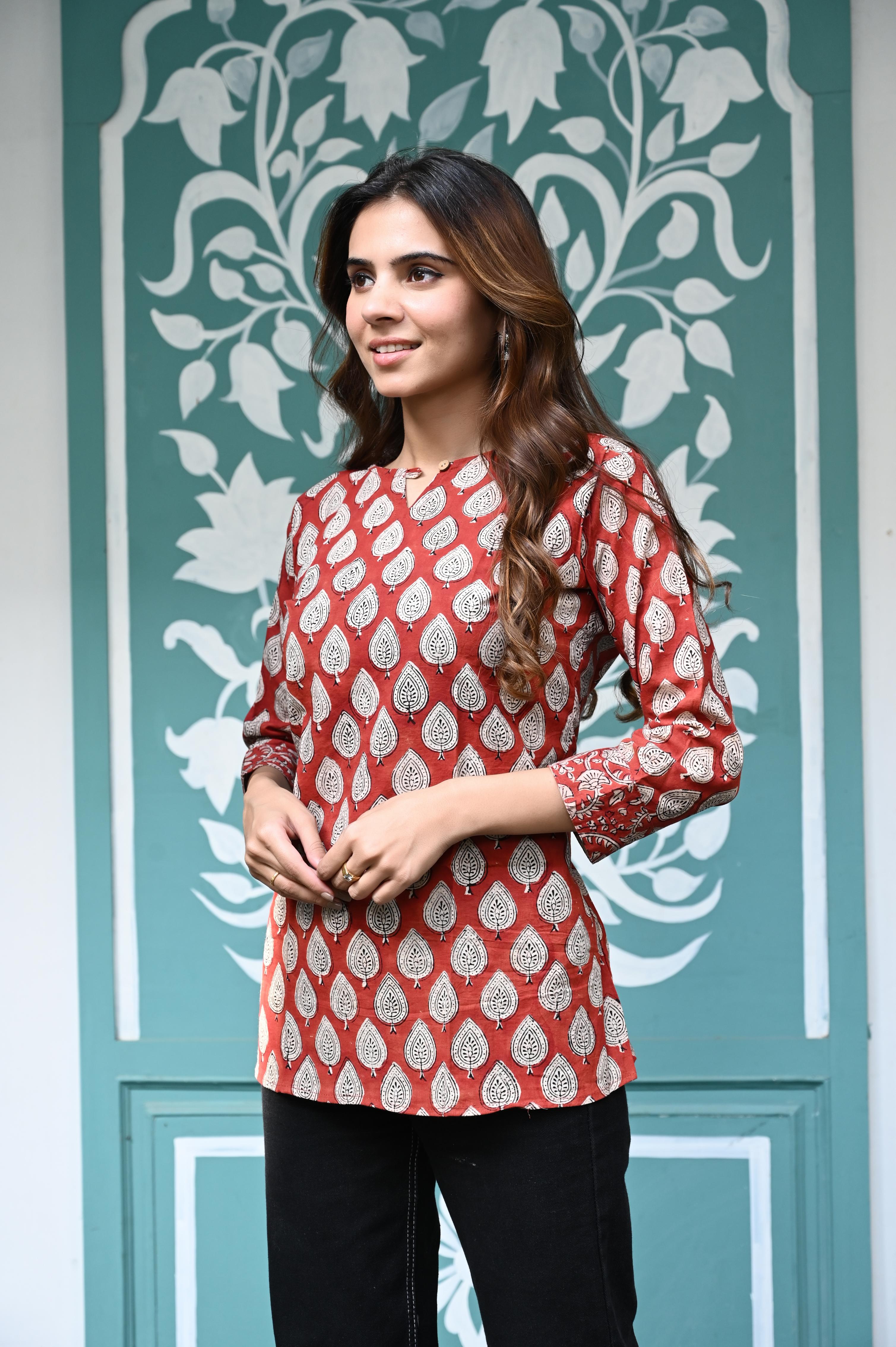 Rust Red Hand-Block Printed Cotton Short Kurti with Leaf Motifs