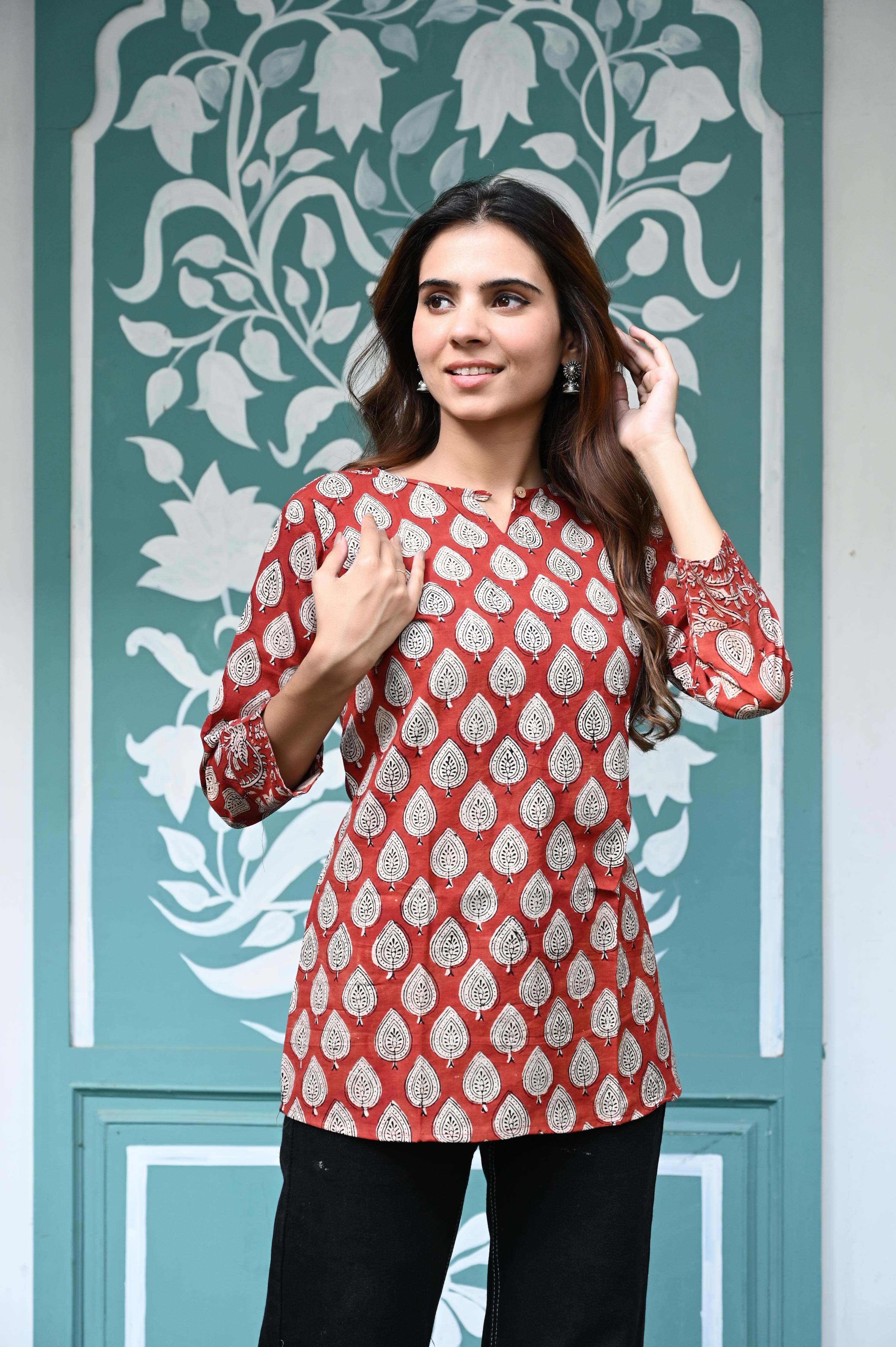 Rust Red Hand-Block Printed Cotton Short Kurti with Leaf Motifs