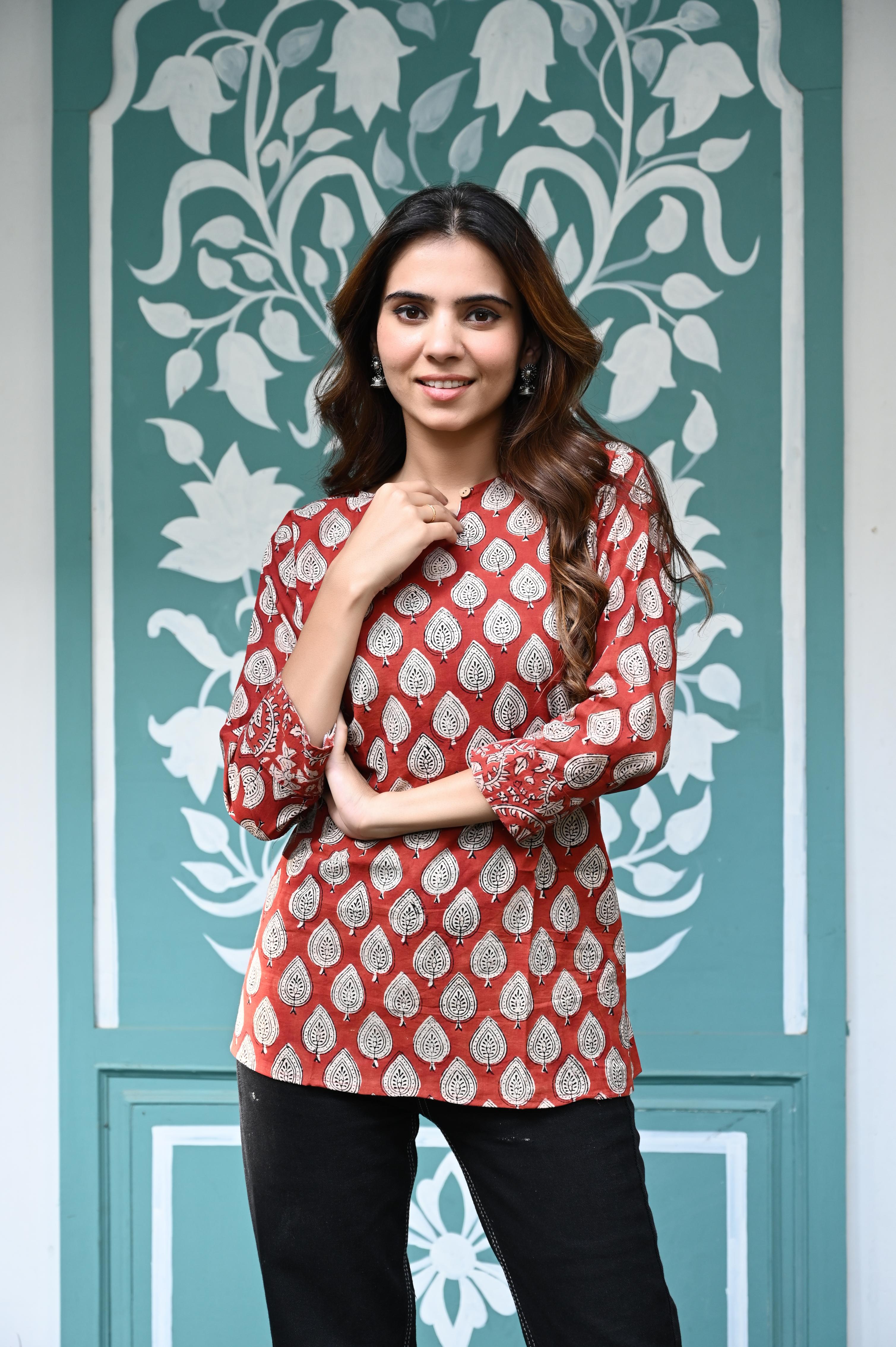 Rust Red Hand-Block Printed Cotton Short Kurti with Leaf Motifs