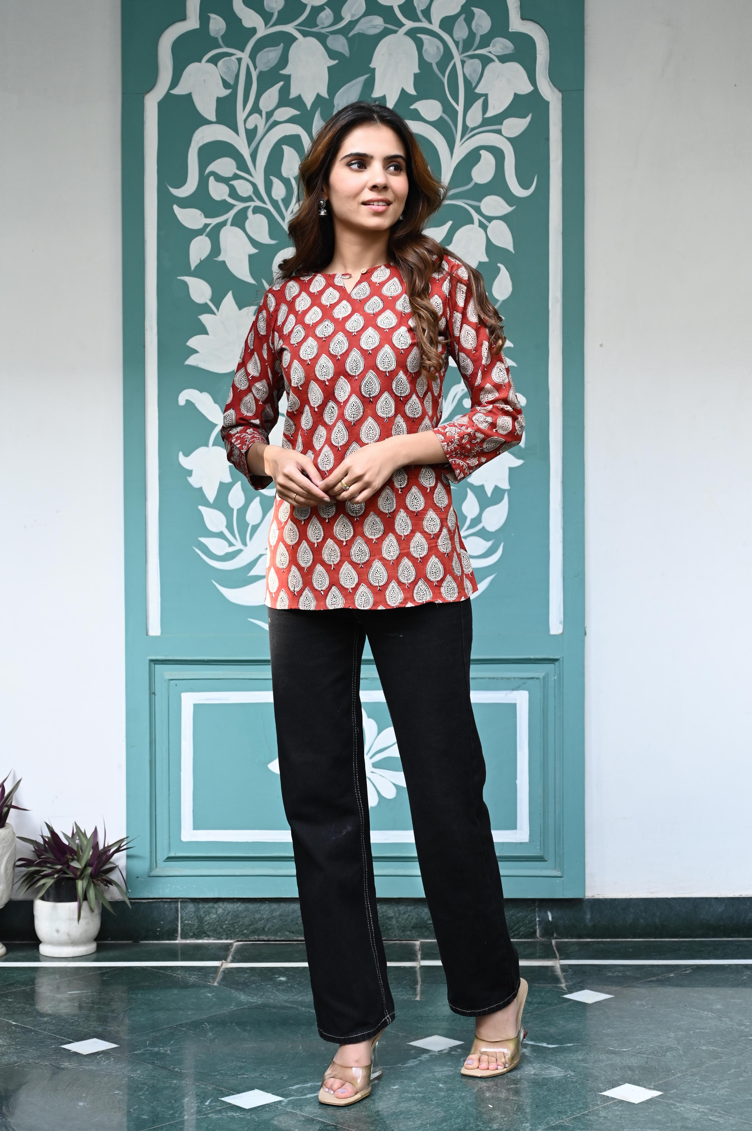 Rust Red Hand-Block Printed Cotton Short Kurti with Leaf Motifs