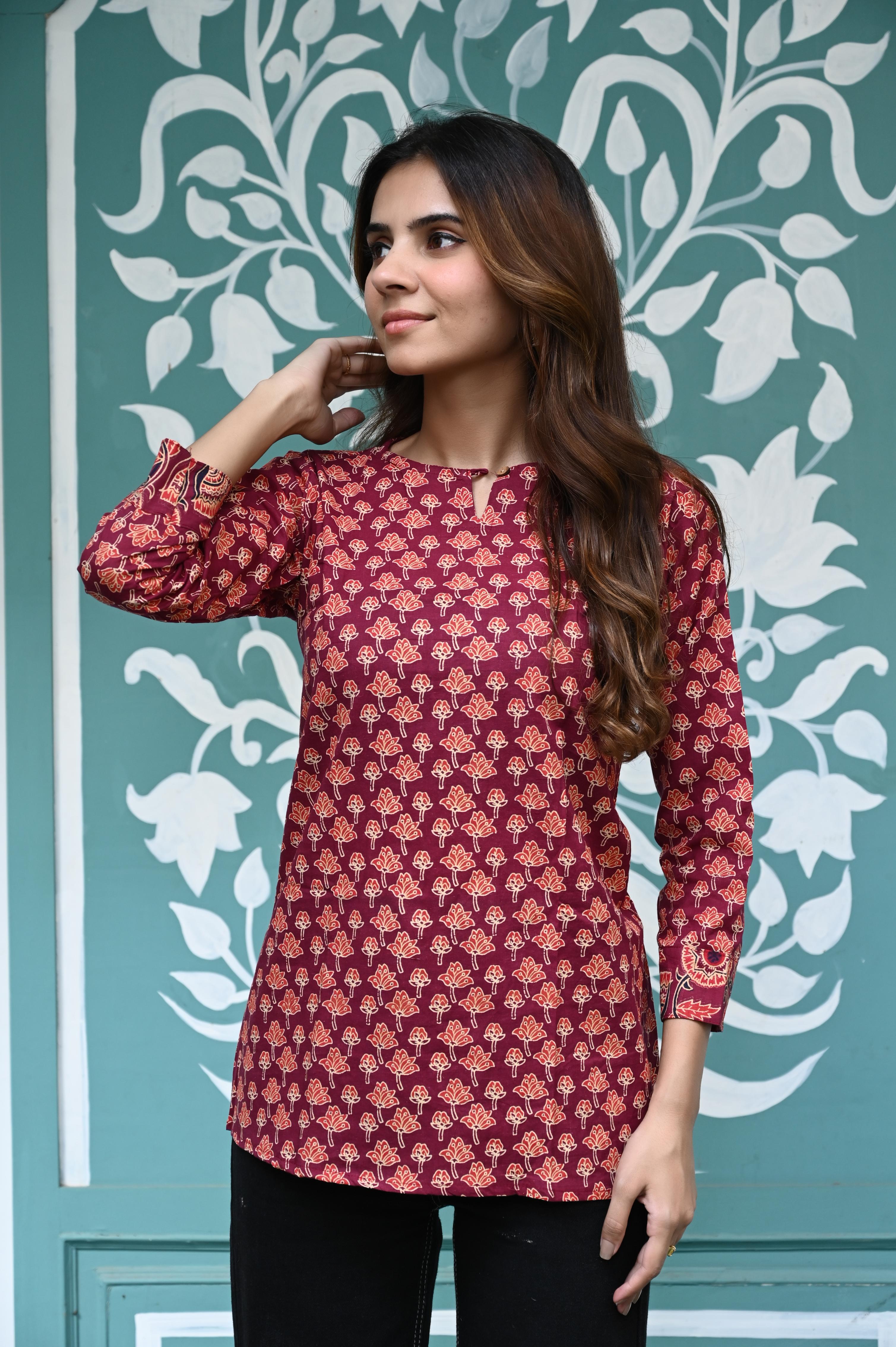 Maroon Hand-Block Printed Cotton Short Kurti with Floral Buti