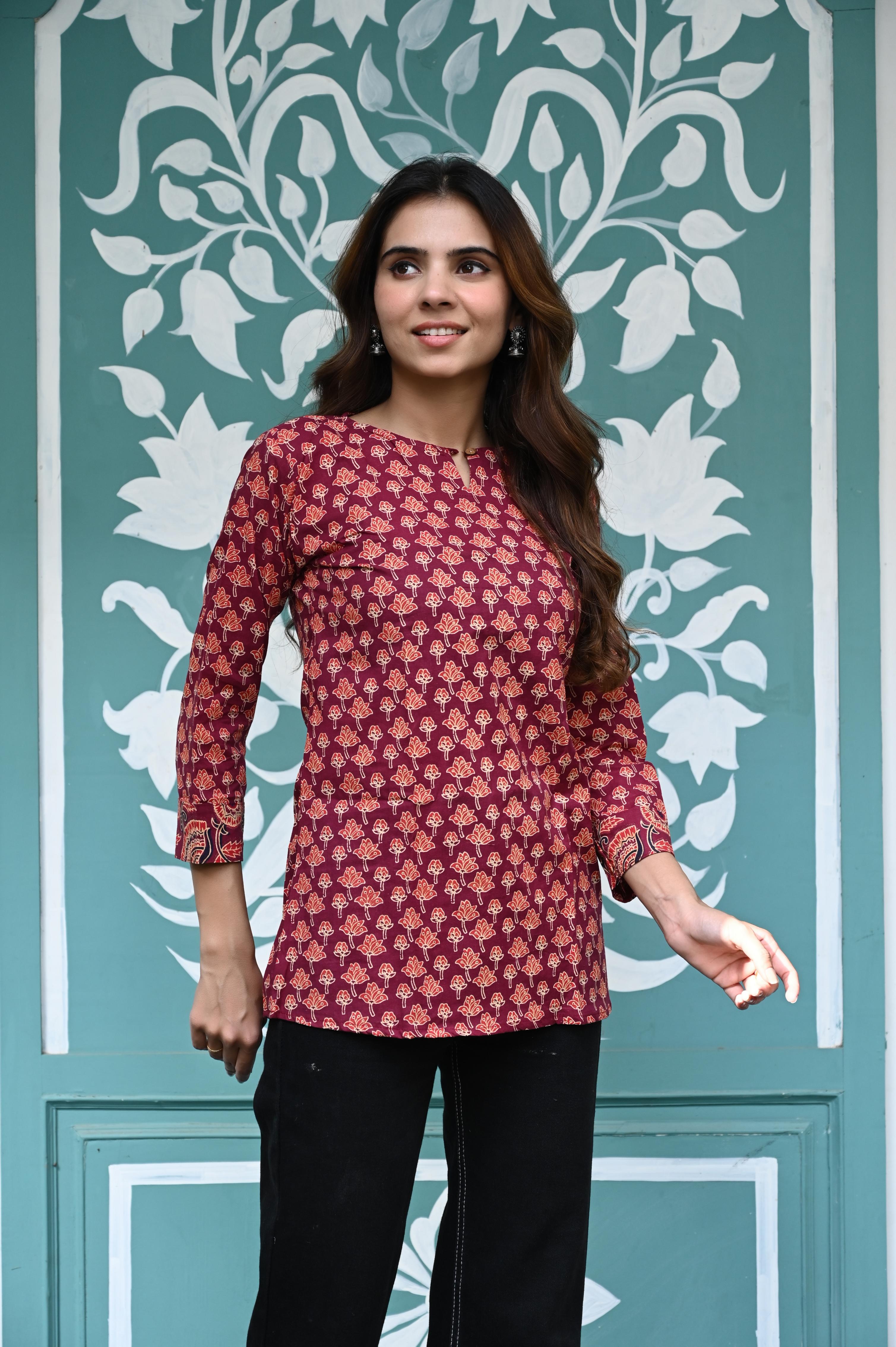 Maroon Hand-Block Printed Cotton Short Kurti with Floral Buti