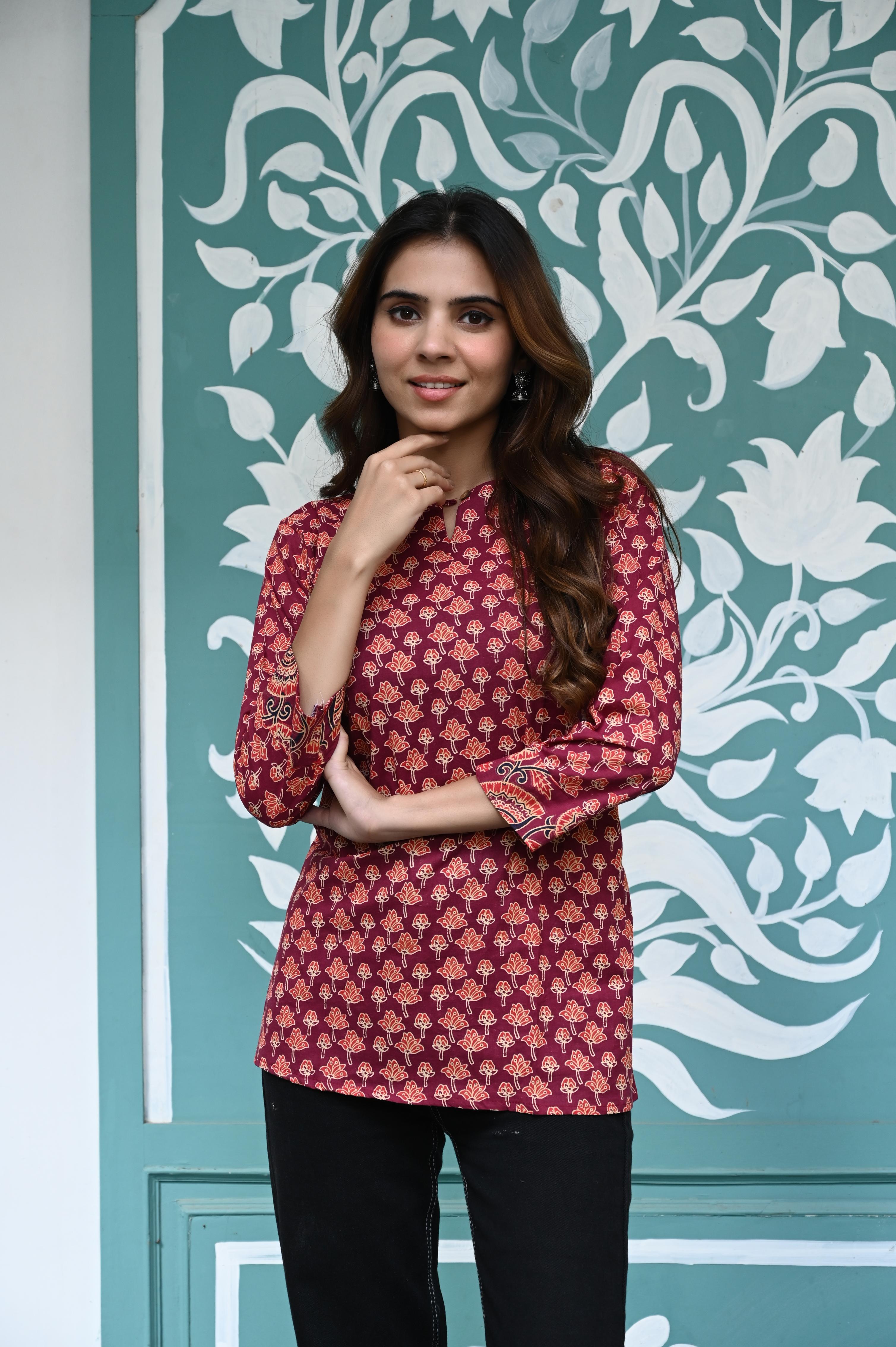 Maroon Hand-Block Printed Cotton Short Kurti with Floral Buti