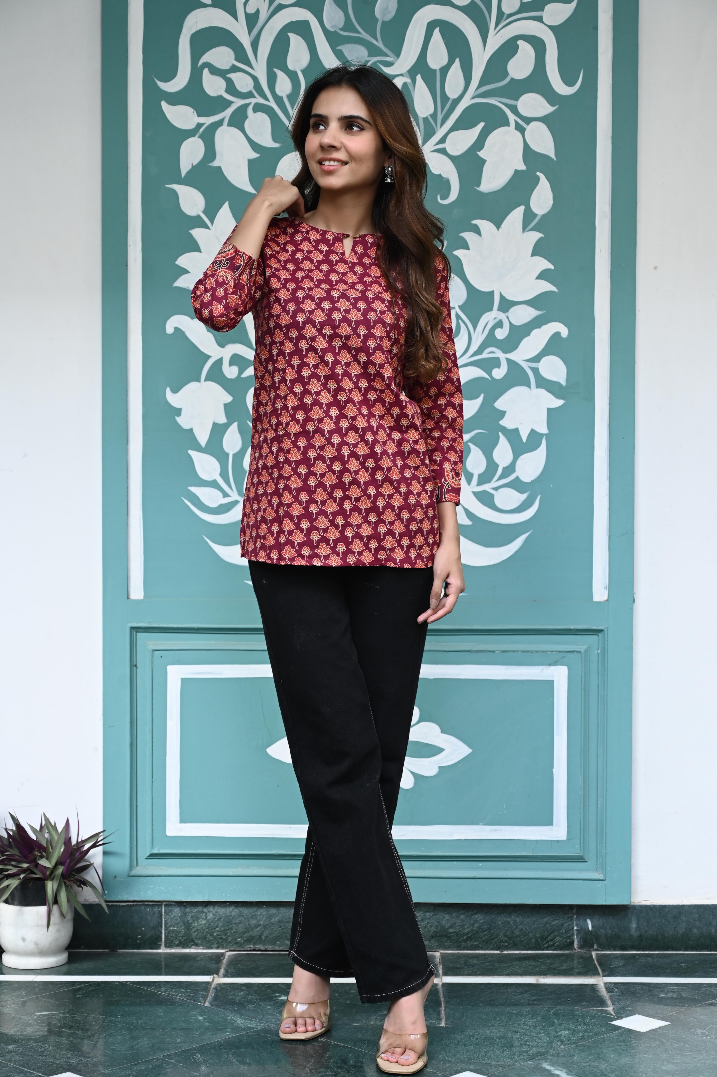 Maroon Hand-Block Printed Cotton Short Kurti with Floral Buti