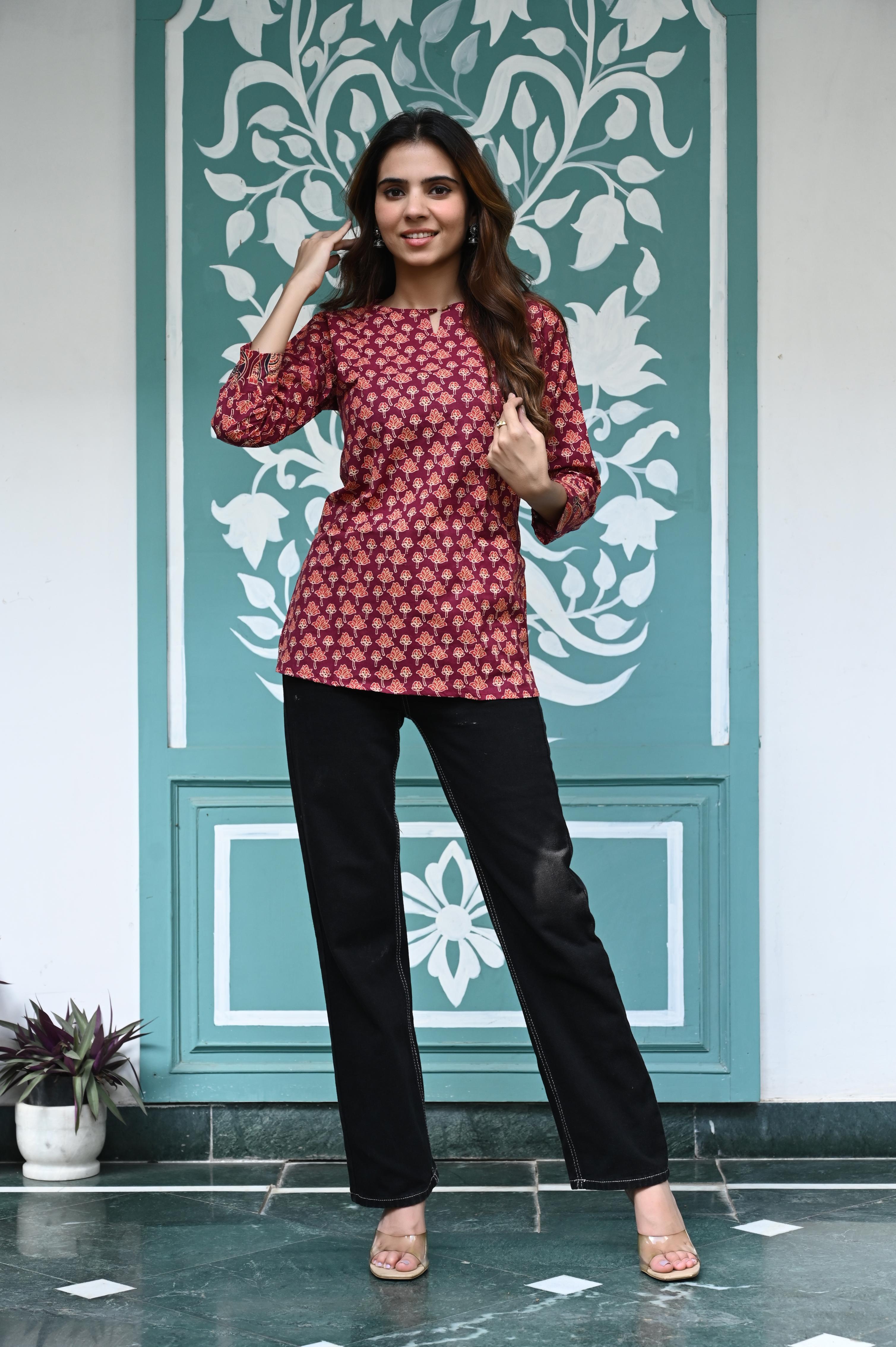 Maroon Hand-Block Printed Cotton Short Kurti with Floral Buti