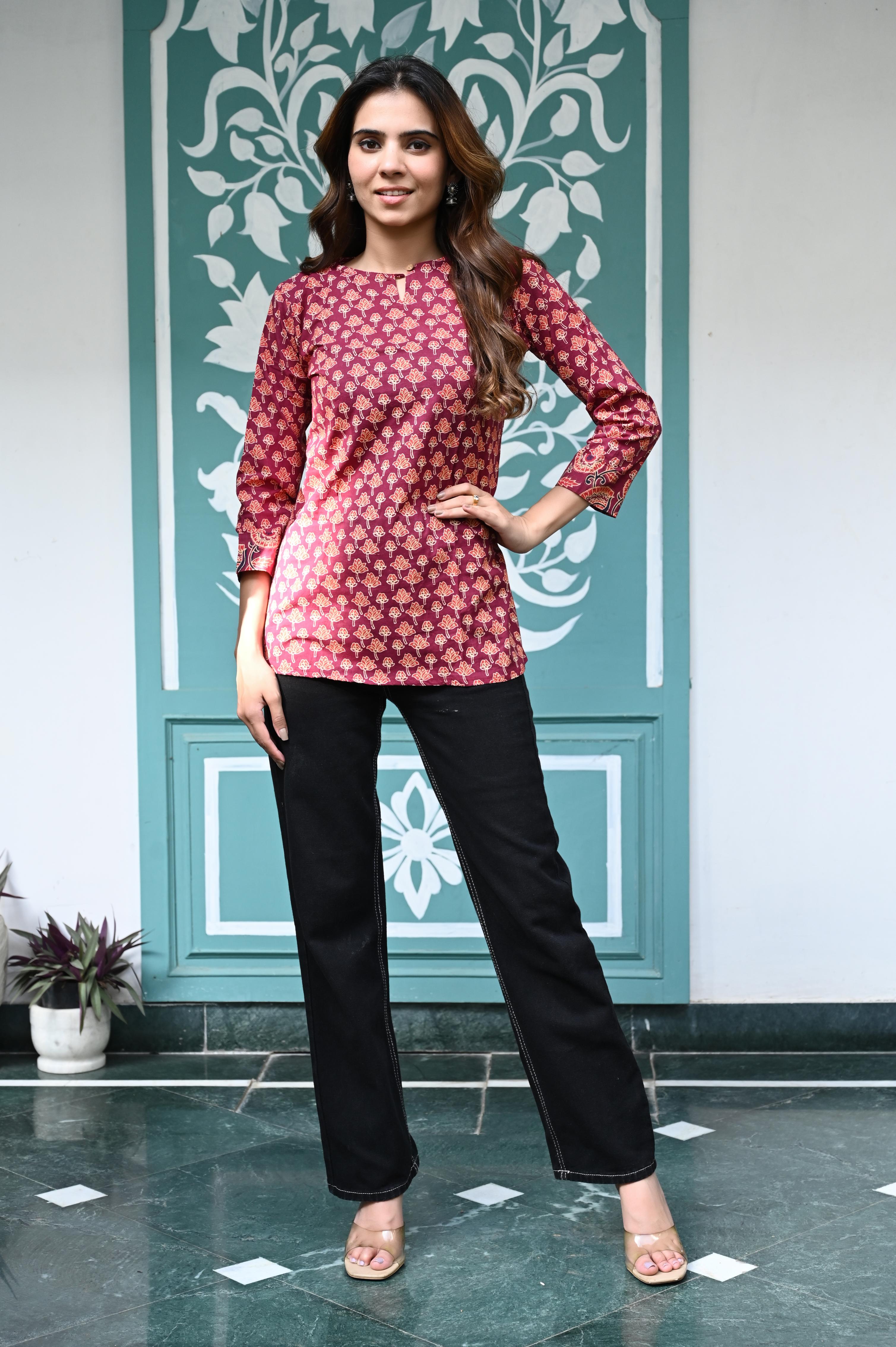 Maroon Hand-Block Printed Cotton Short Kurti with Floral Buti