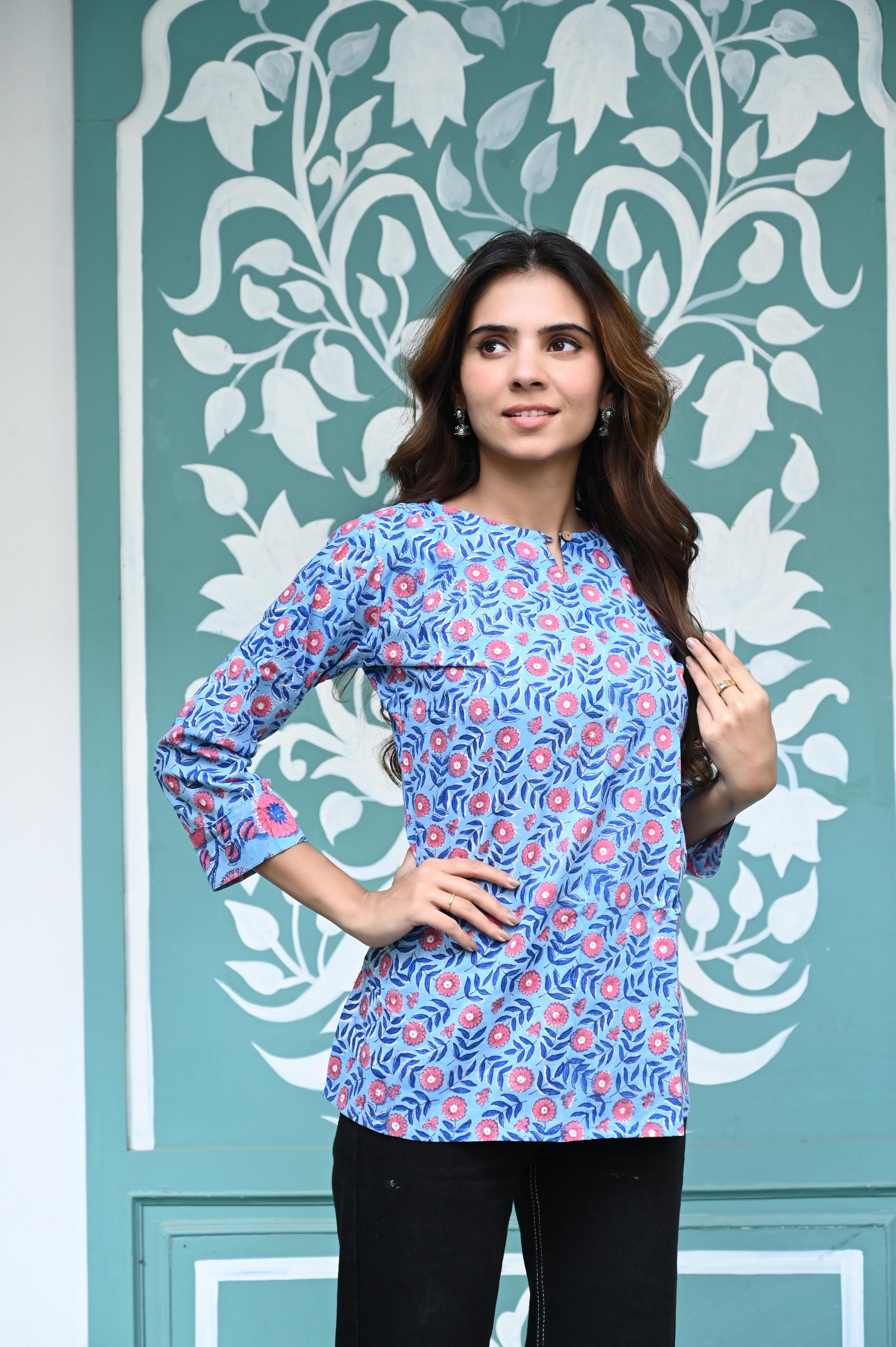 Sky Blue Hand-Block Floral Print Cotton Short Kurti Top
