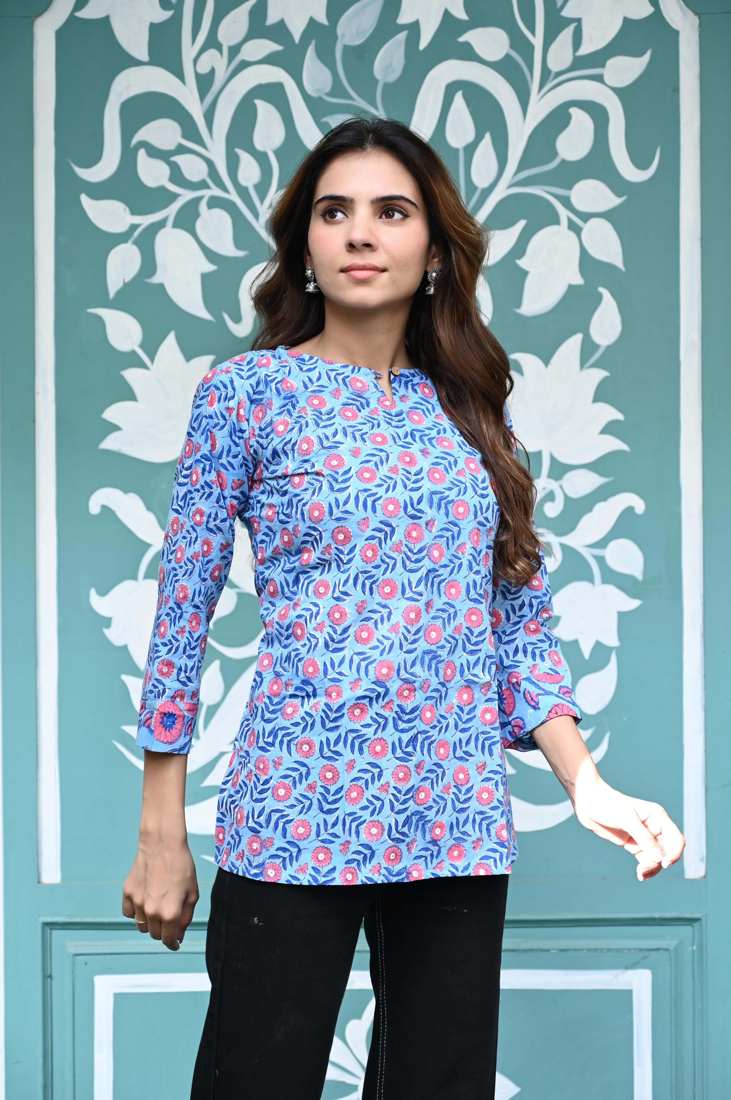 Sky Blue Hand-Block Floral Print Cotton Short Kurti Top
