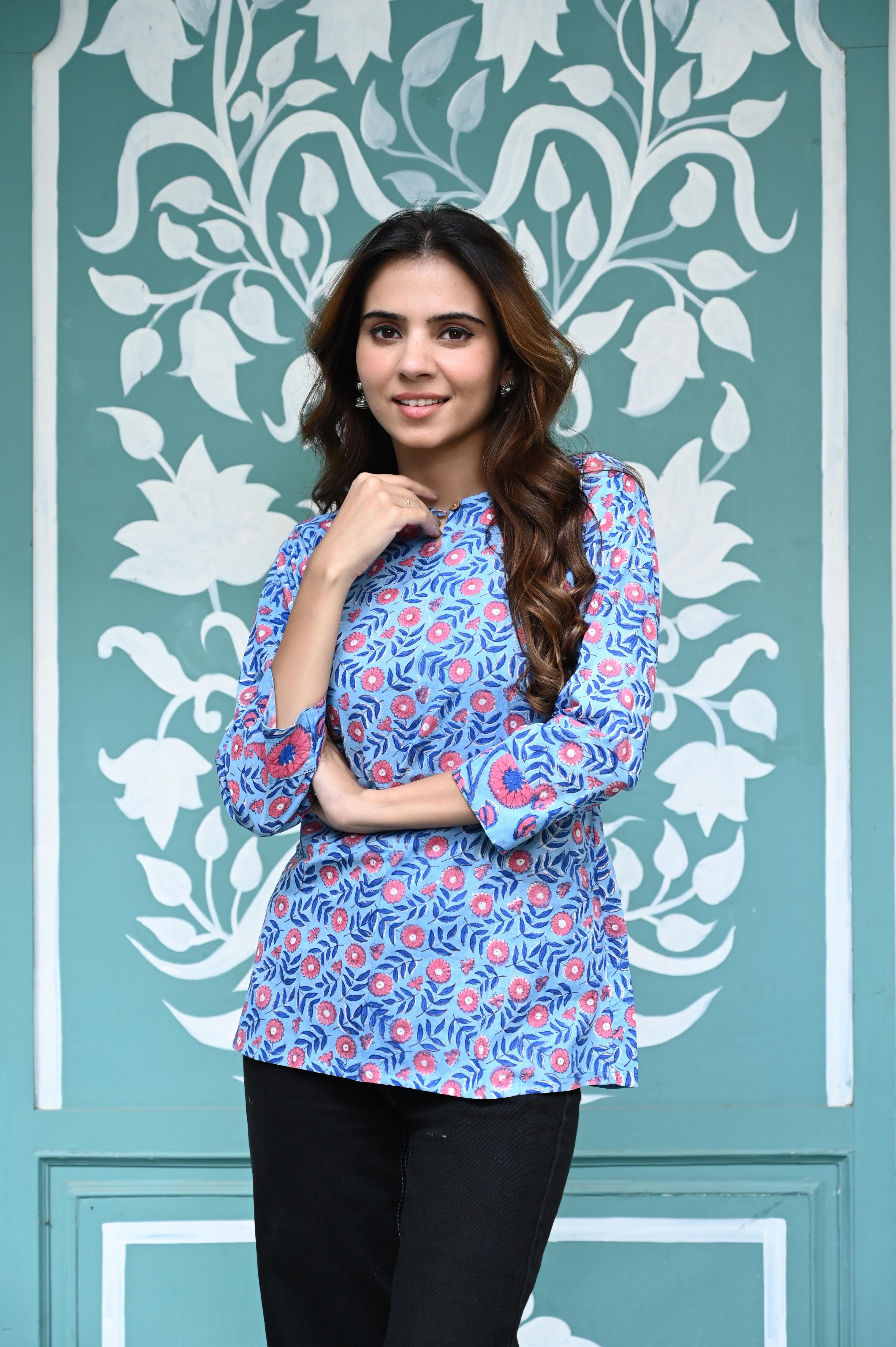Sky Blue Hand-Block Floral Print Cotton Short Kurti Top