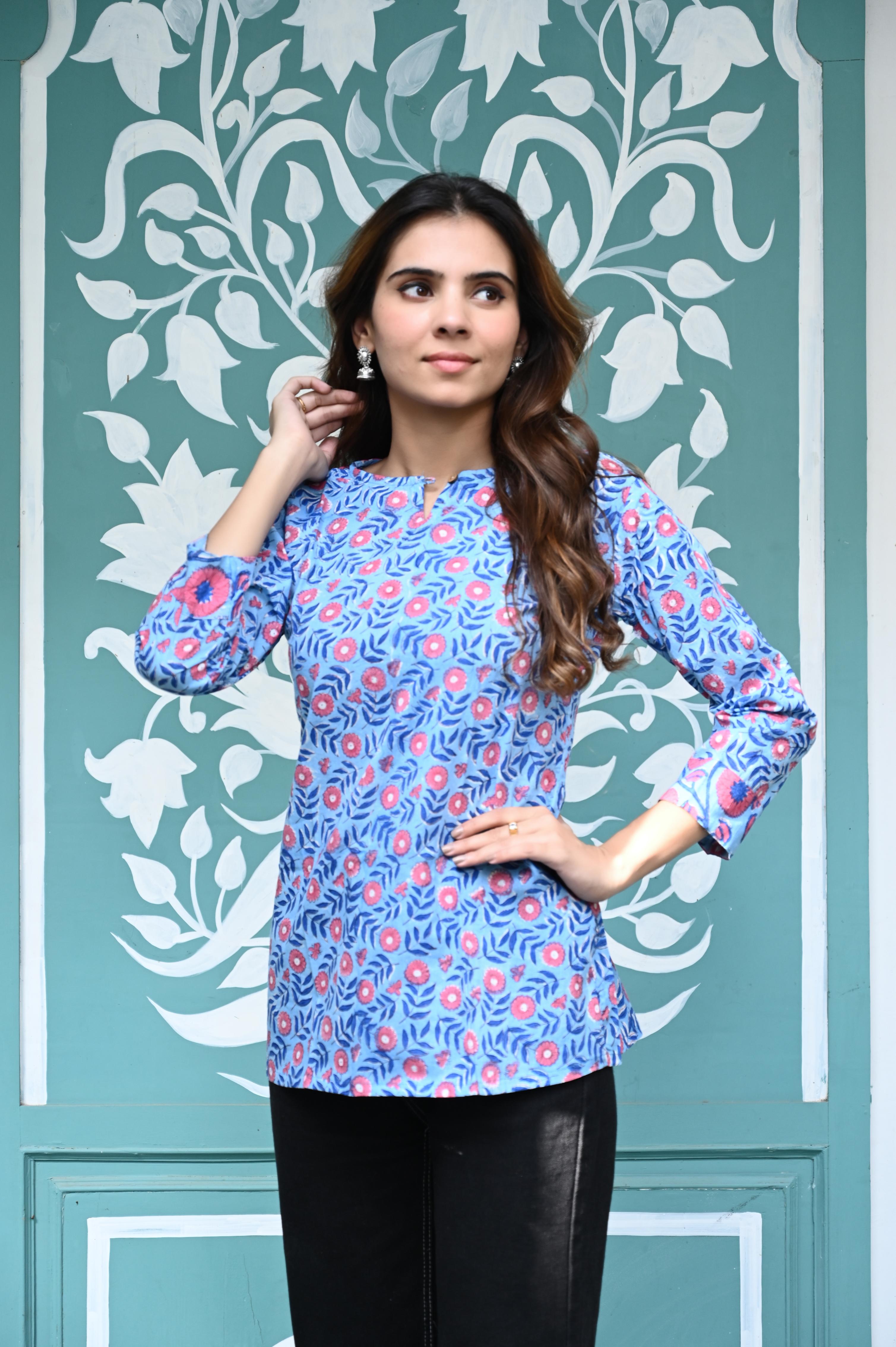 Sky Blue Hand-Block Floral Print Cotton Short Kurti Top