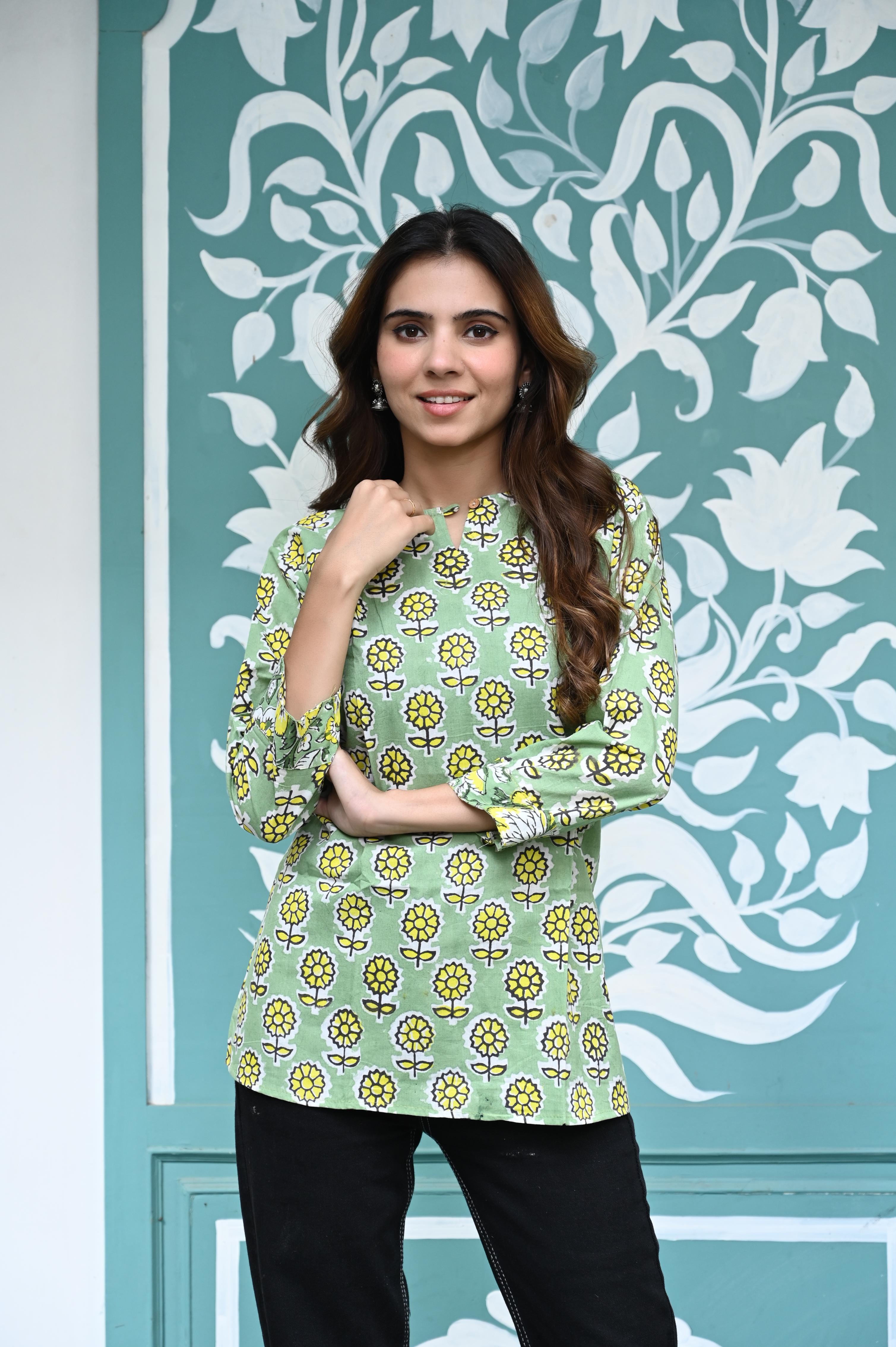 Sage Green Hand-Block Sunflower Print Cotton Short Kurti Top