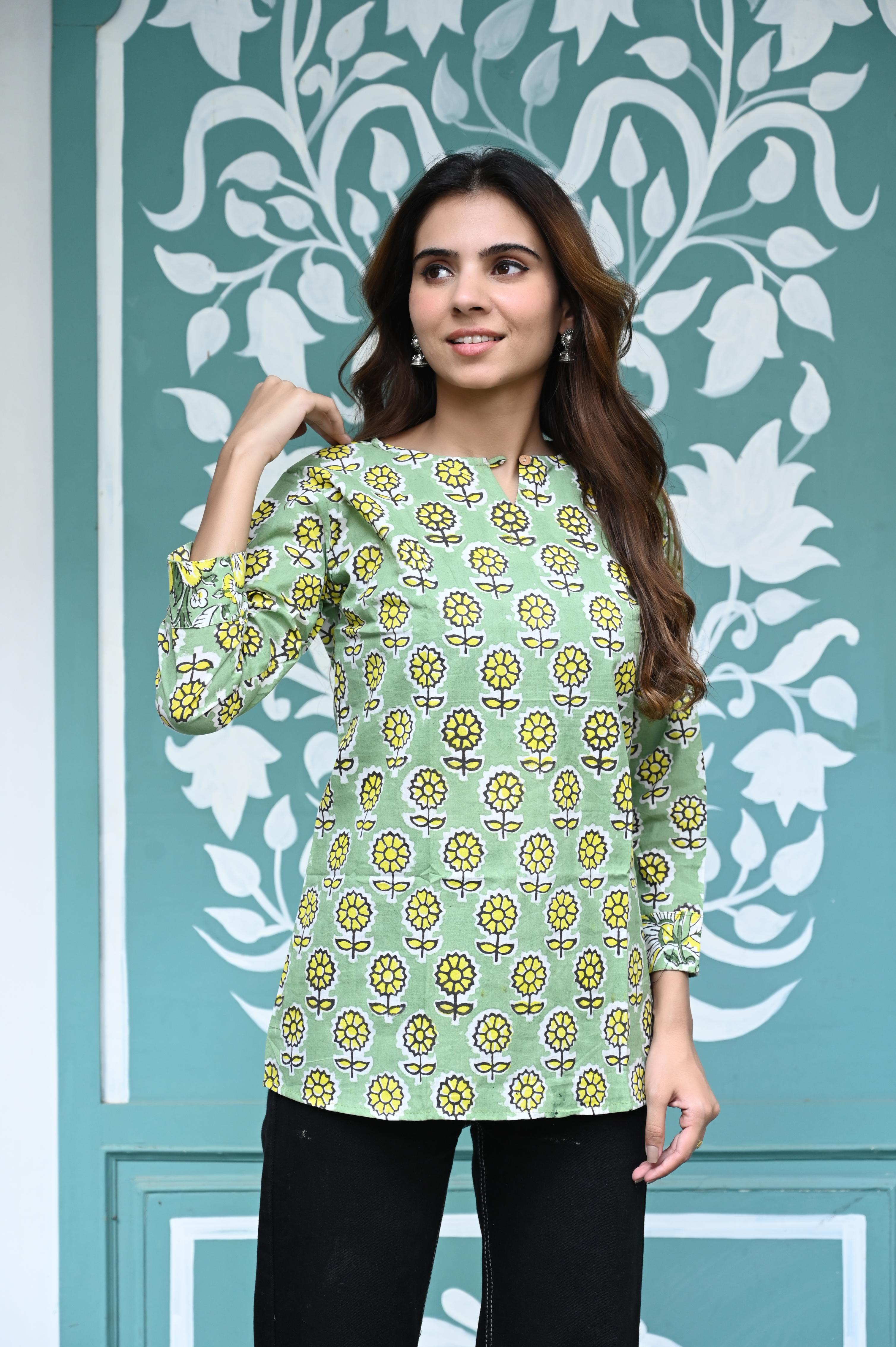 Sage Green Hand-Block Sunflower Print Cotton Short Kurti Top