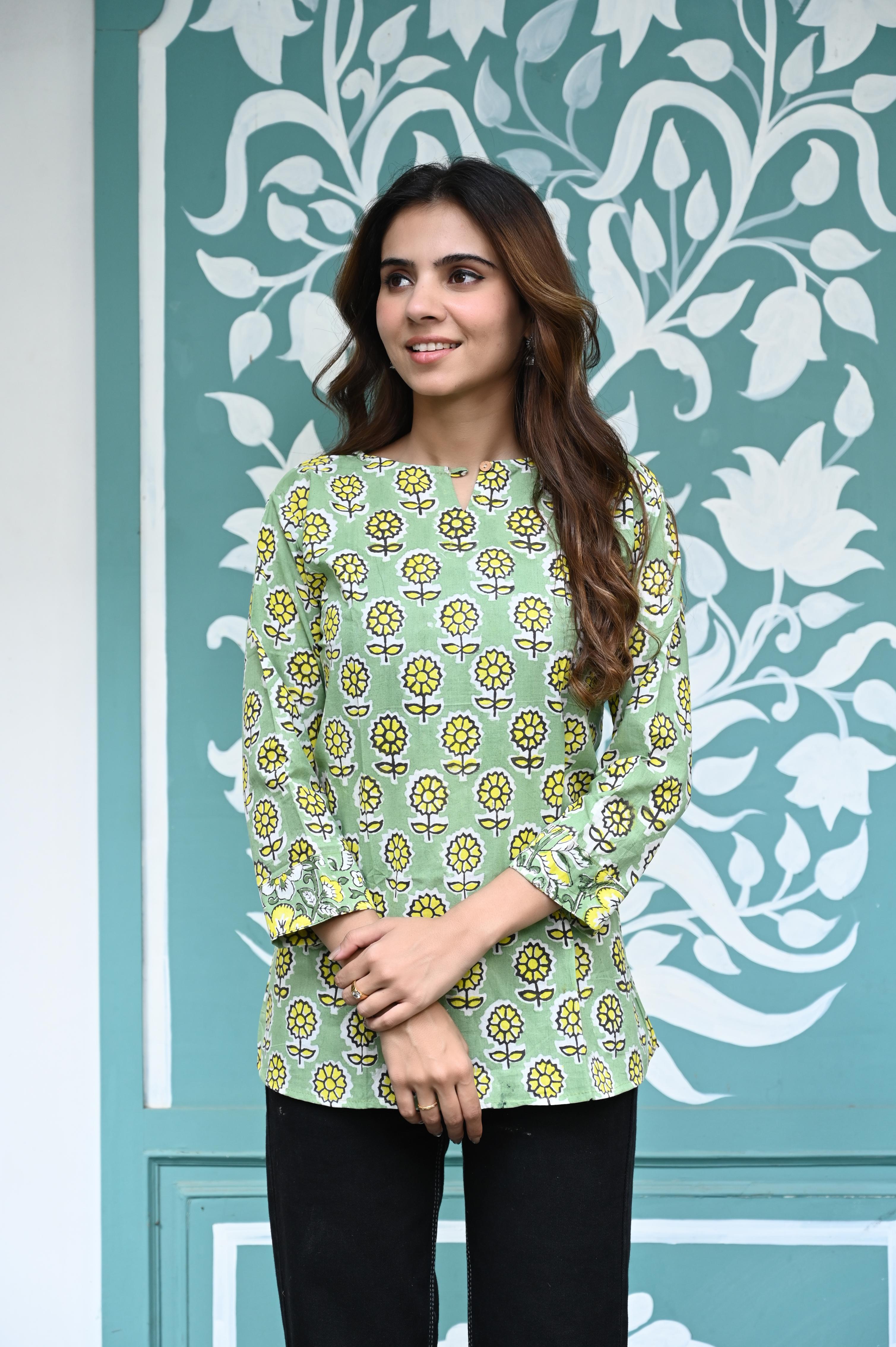 Sage Green Hand-Block Sunflower Print Cotton Short Kurti Top
