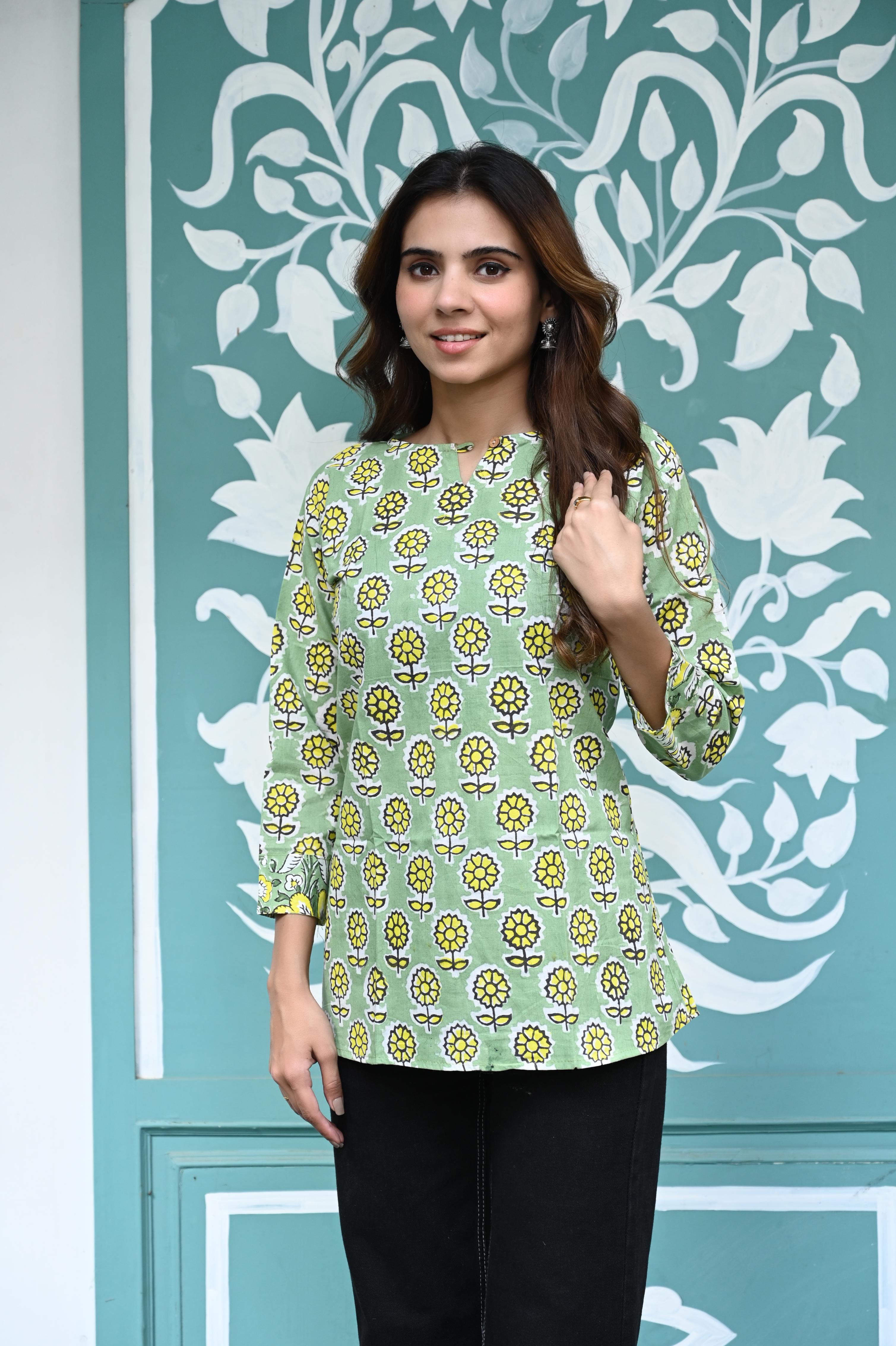 Sage Green Hand-Block Sunflower Print Cotton Short Kurti Top