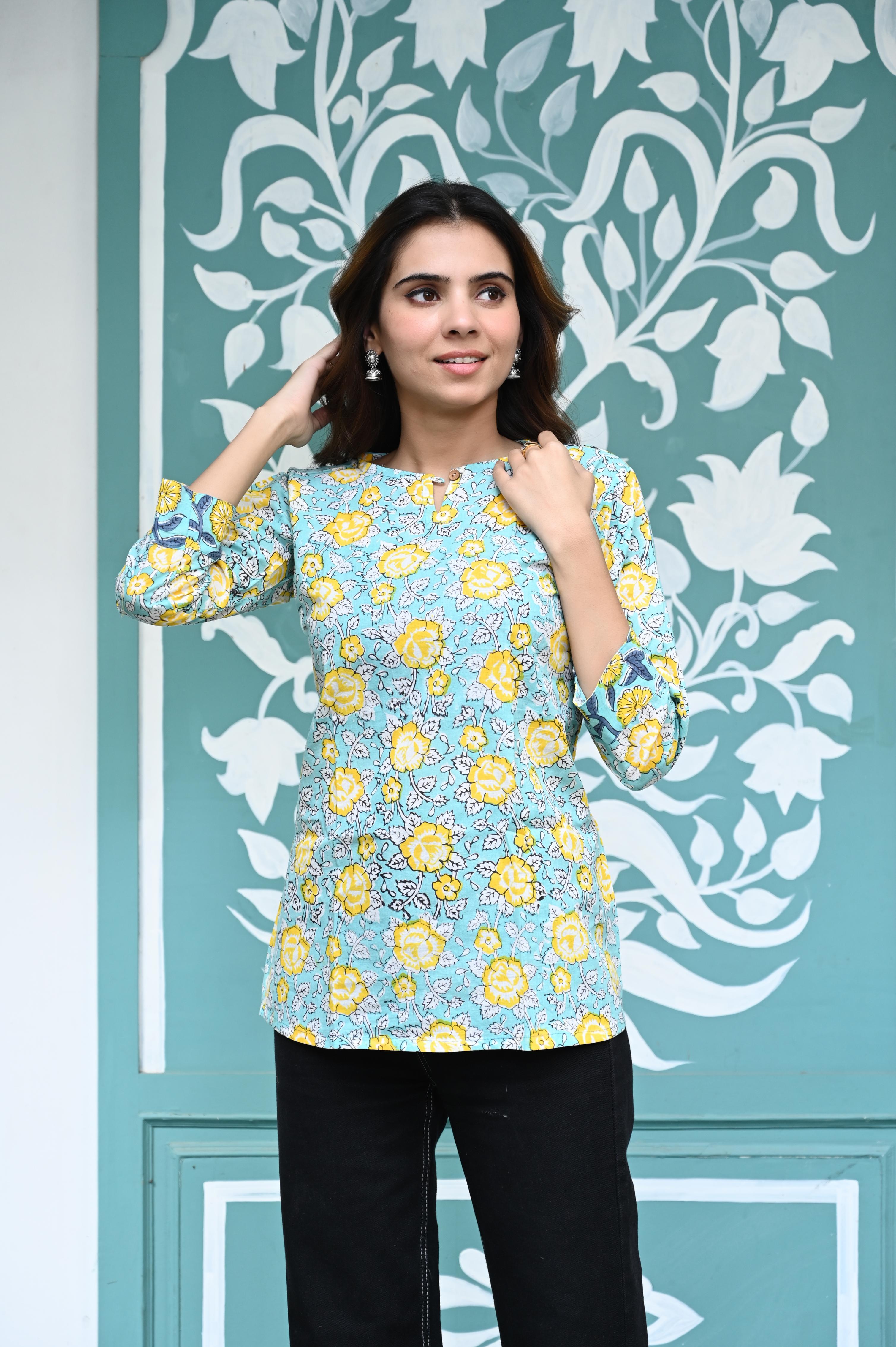 Seafoam Blue Hand-Block Floral Jaal Cotton Short Kurti Top