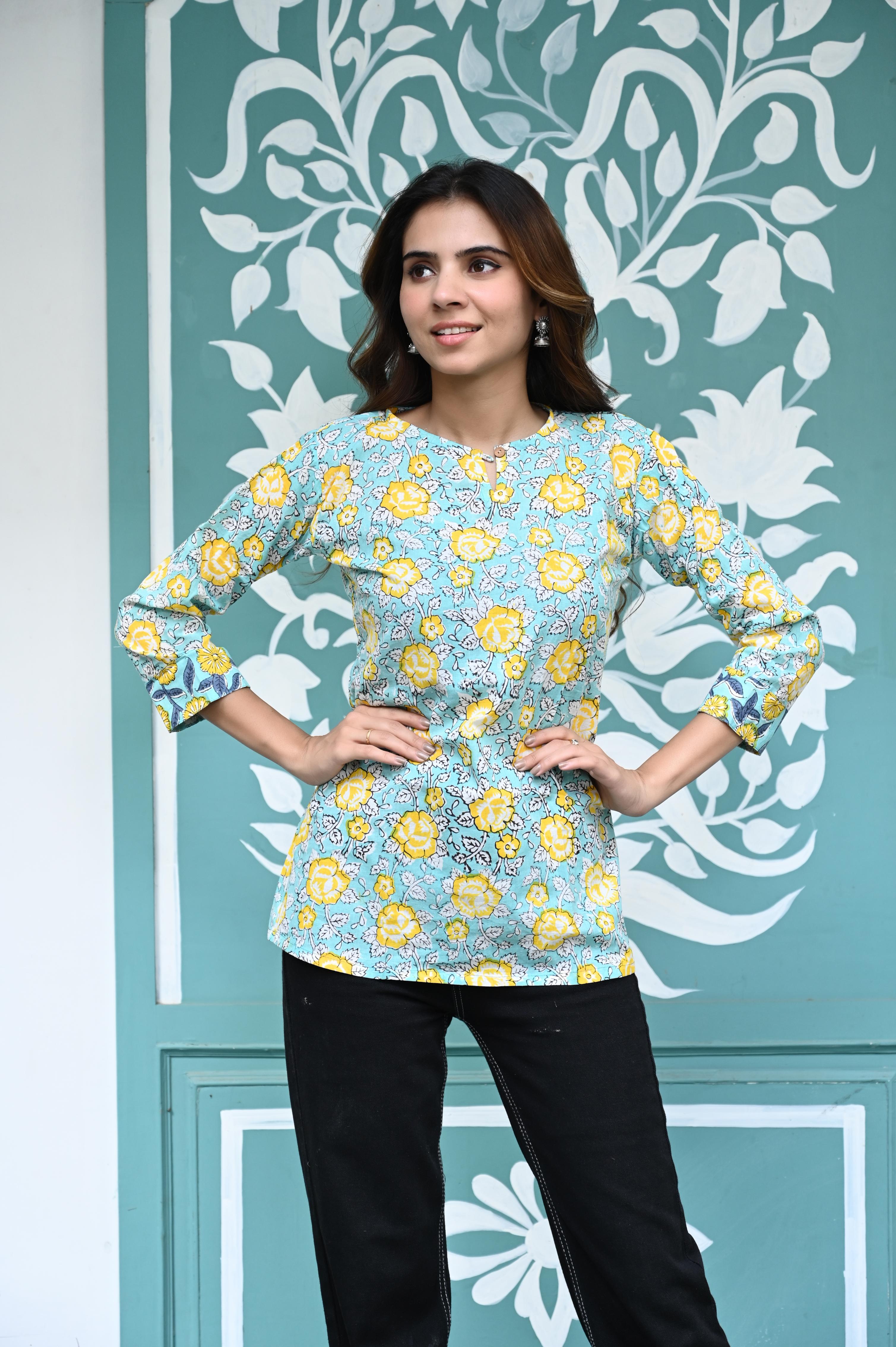 Seafoam Blue Hand-Block Floral Jaal Cotton Short Kurti Top