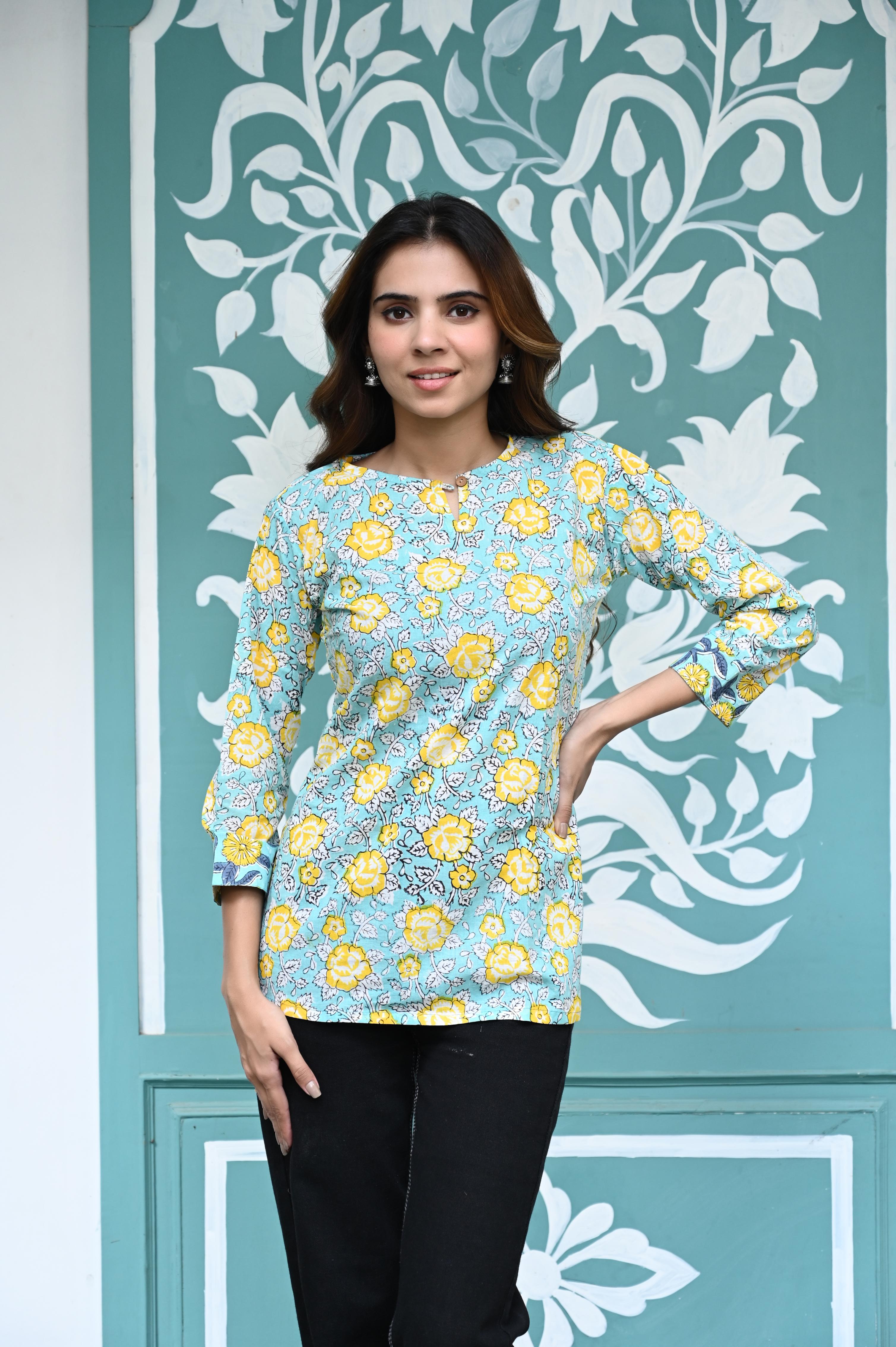 Seafoam Blue Hand-Block Floral Jaal Cotton Short Kurti Top