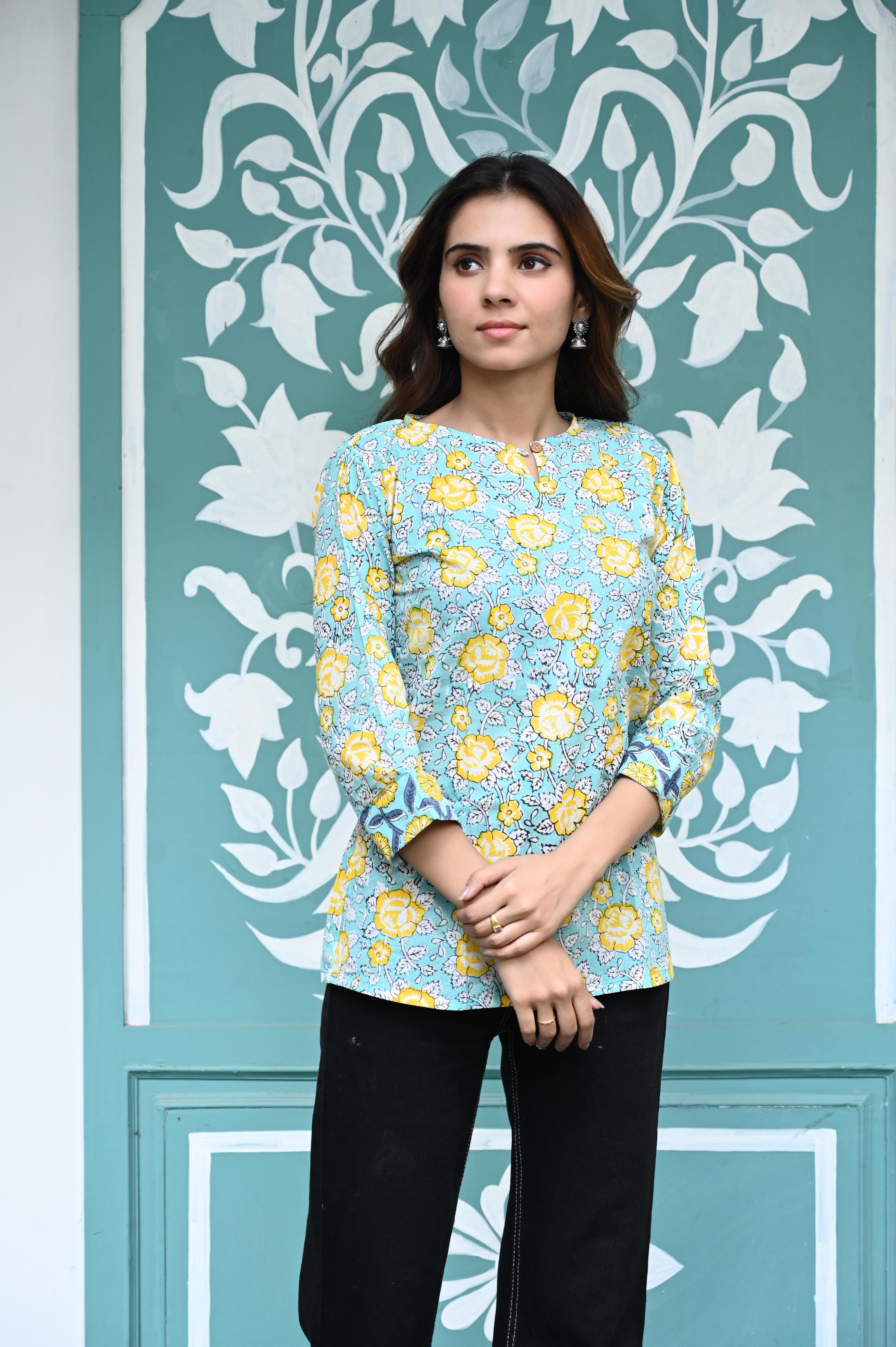 Seafoam Blue Hand-Block Floral Jaal Cotton Short Kurti Top