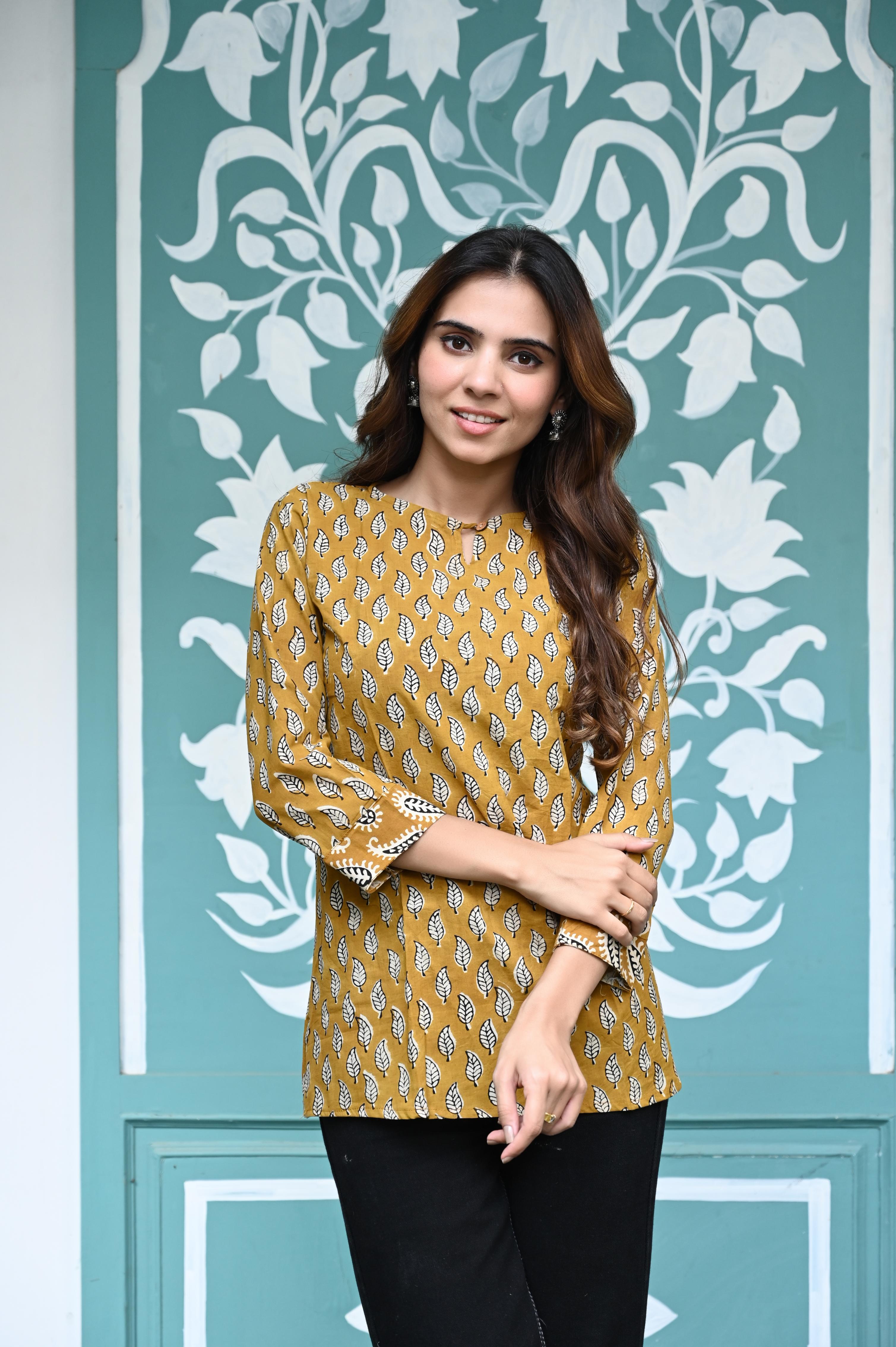 Mustard Yellow Hand-Block Printed Cotton Short Kurti with Leaf Motifs