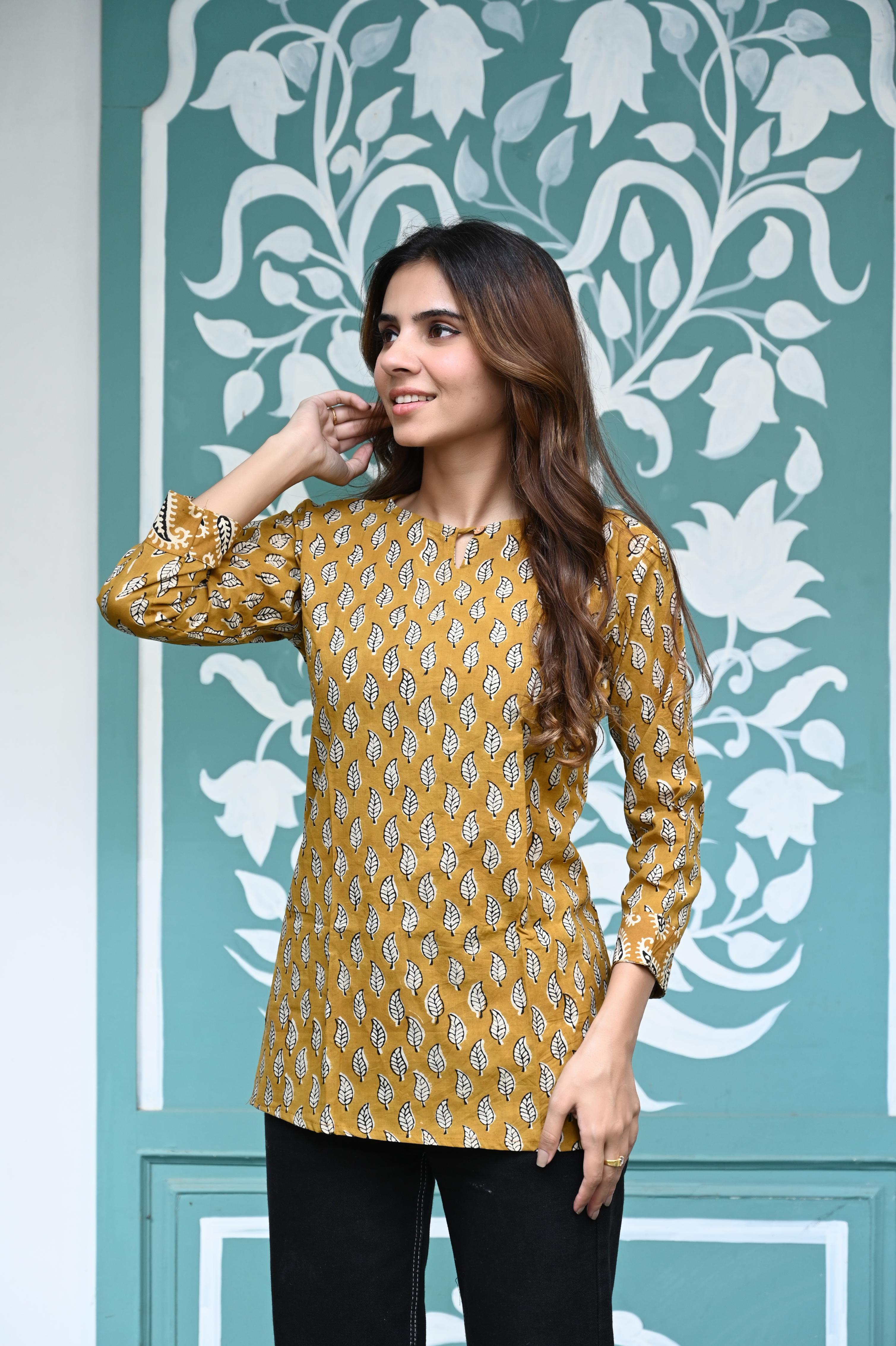 Mustard Yellow Hand-Block Printed Cotton Short Kurti with Leaf Motifs