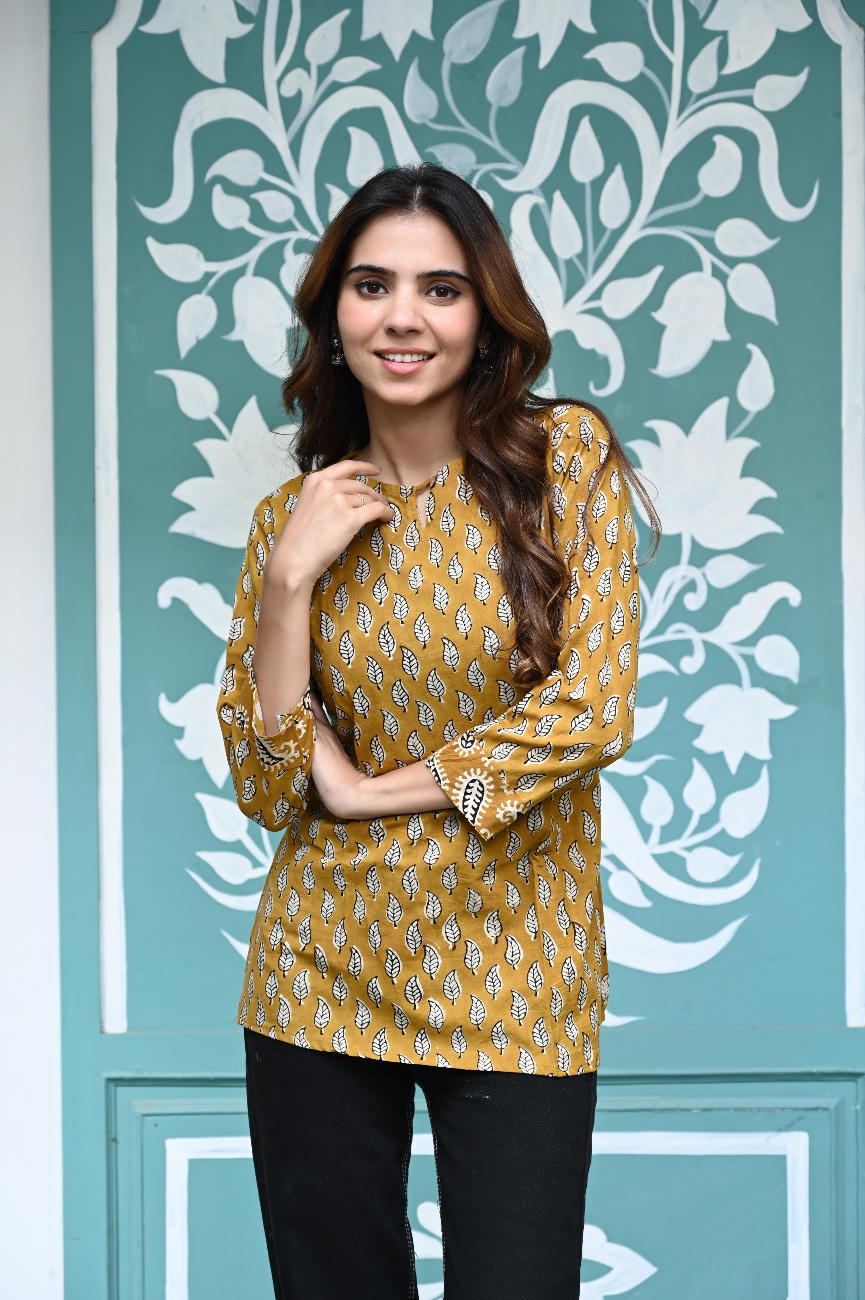 Mustard Yellow Hand-Block Printed Cotton Short Kurti with Leaf Motifs