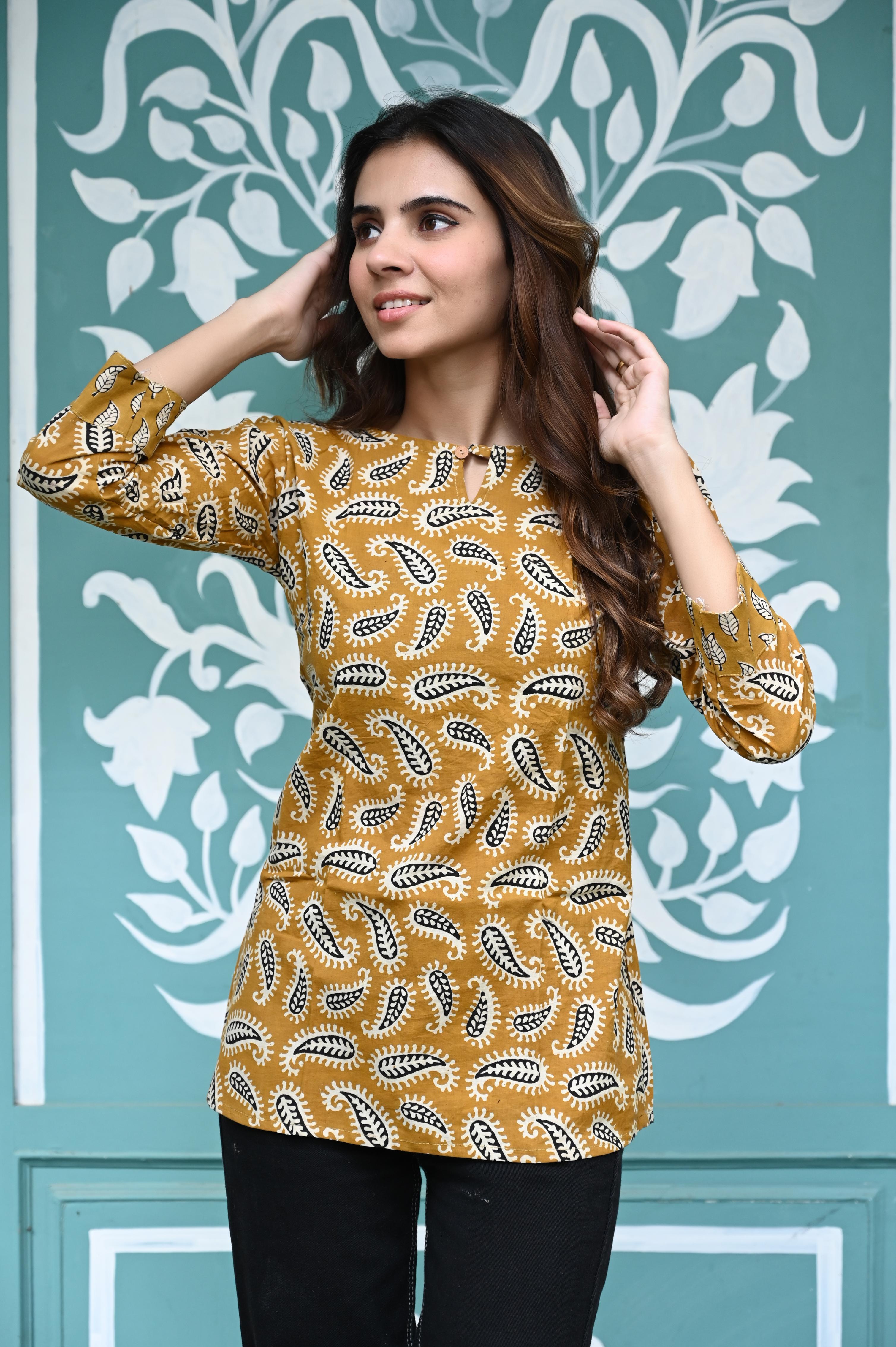 Yellow Hand-Block Paisley Print Cotton Short Kurti Top