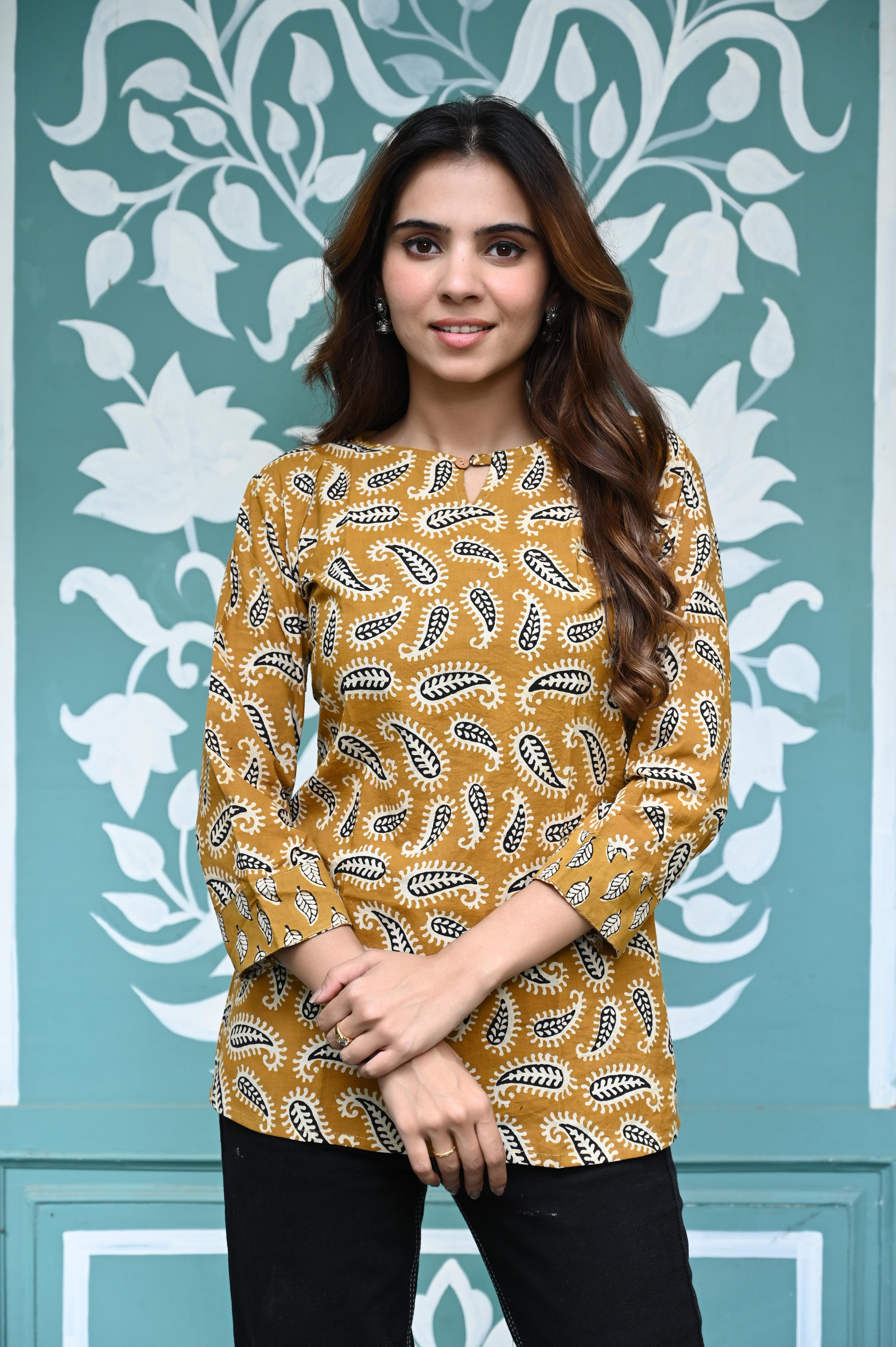 Yellow Hand-Block Paisley Print Cotton Short Kurti Top