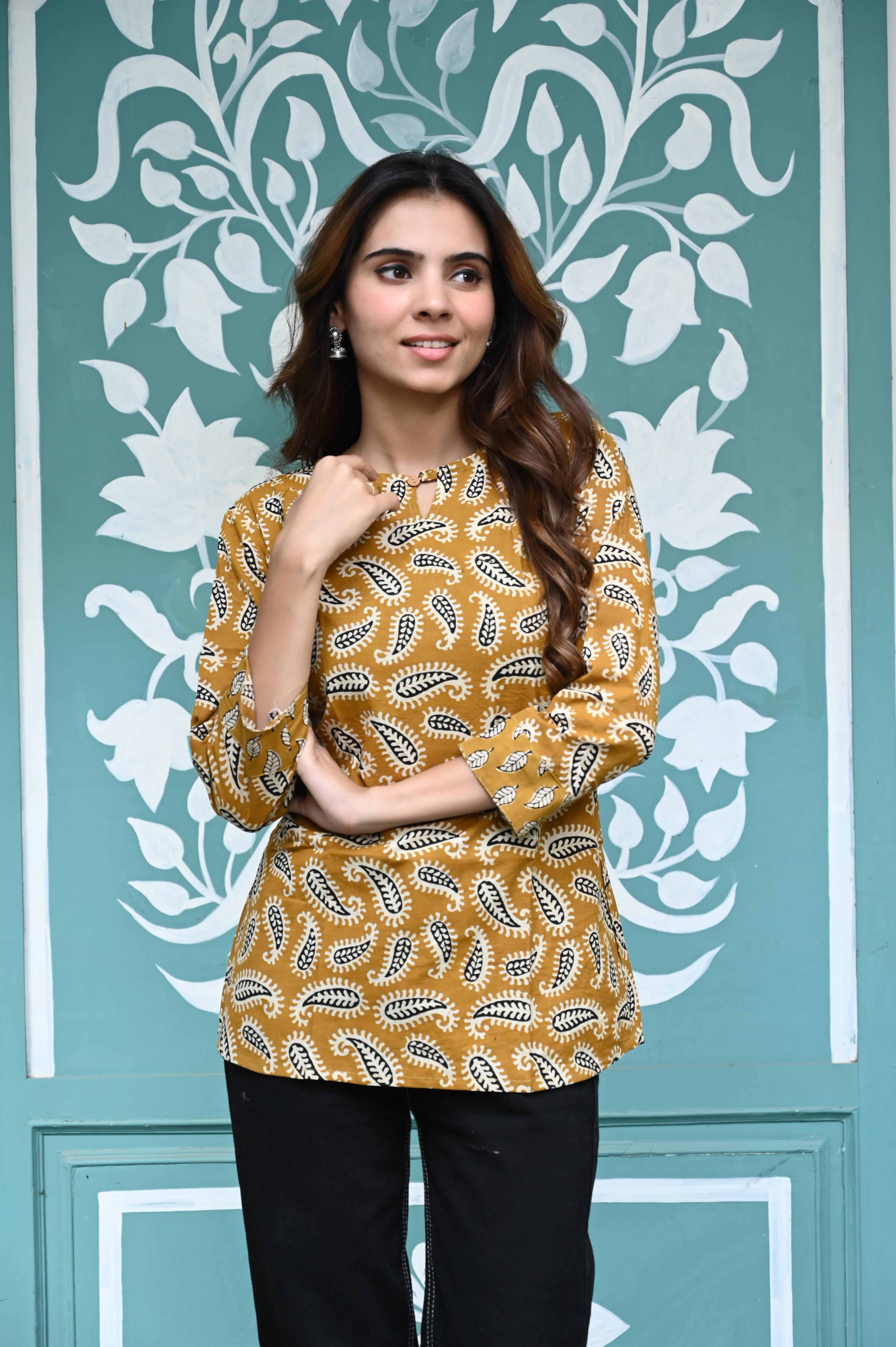 Yellow Hand-Block Paisley Print Cotton Short Kurti Top