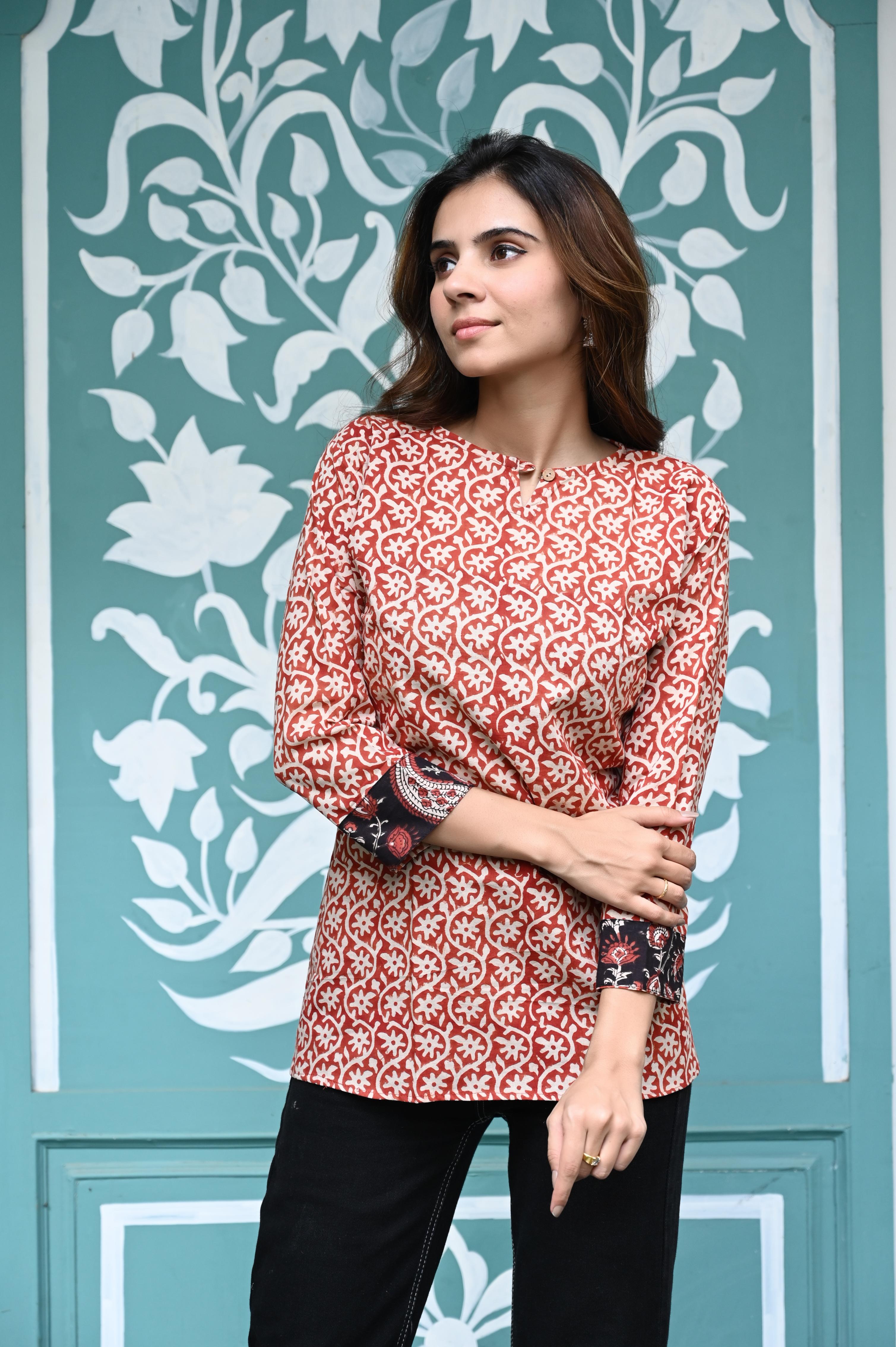 Red Hand-Block Floral Jaal Cotton Short Kurti Top