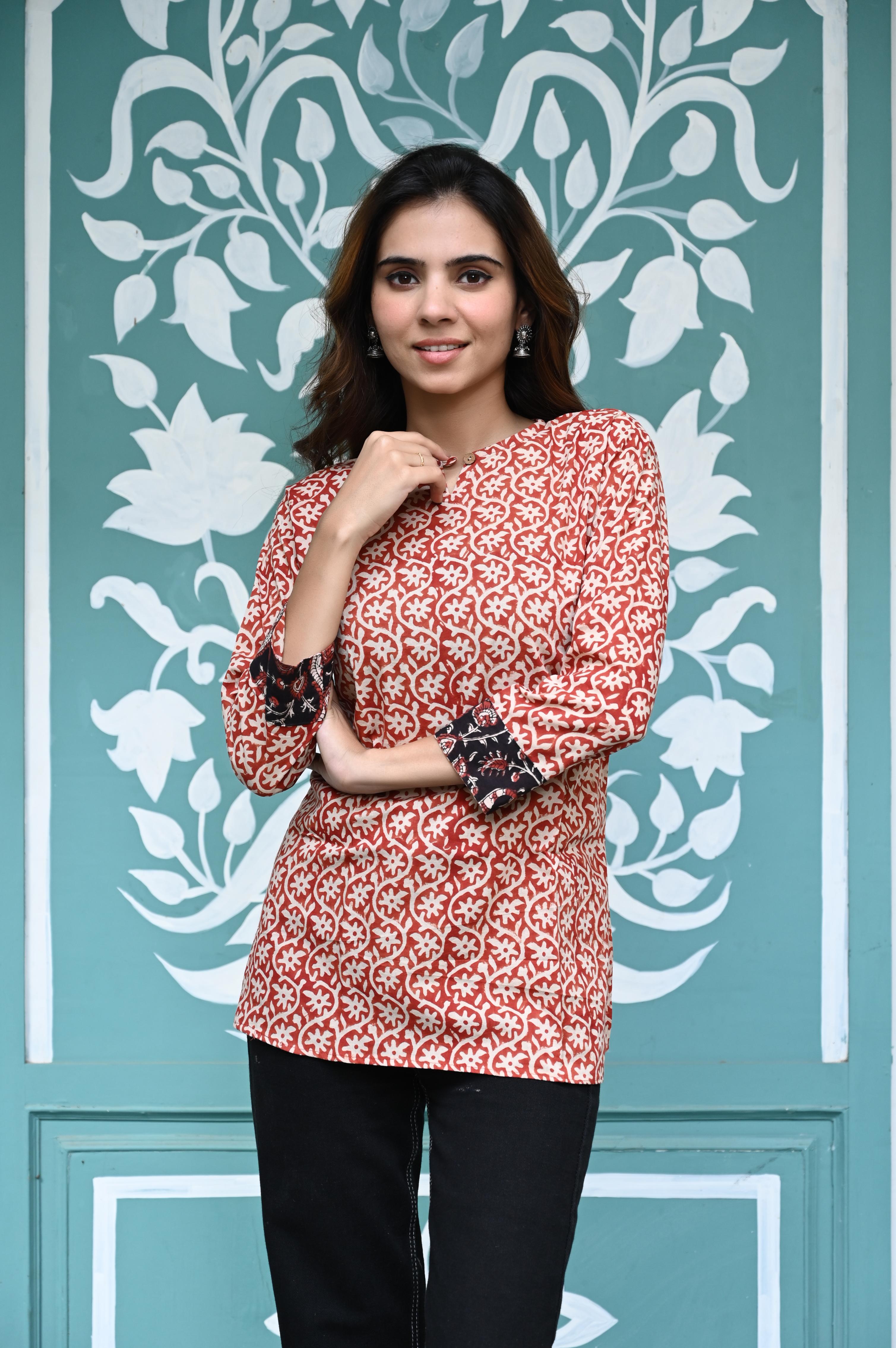 Red Hand-Block Floral Jaal Cotton Short Kurti Top
