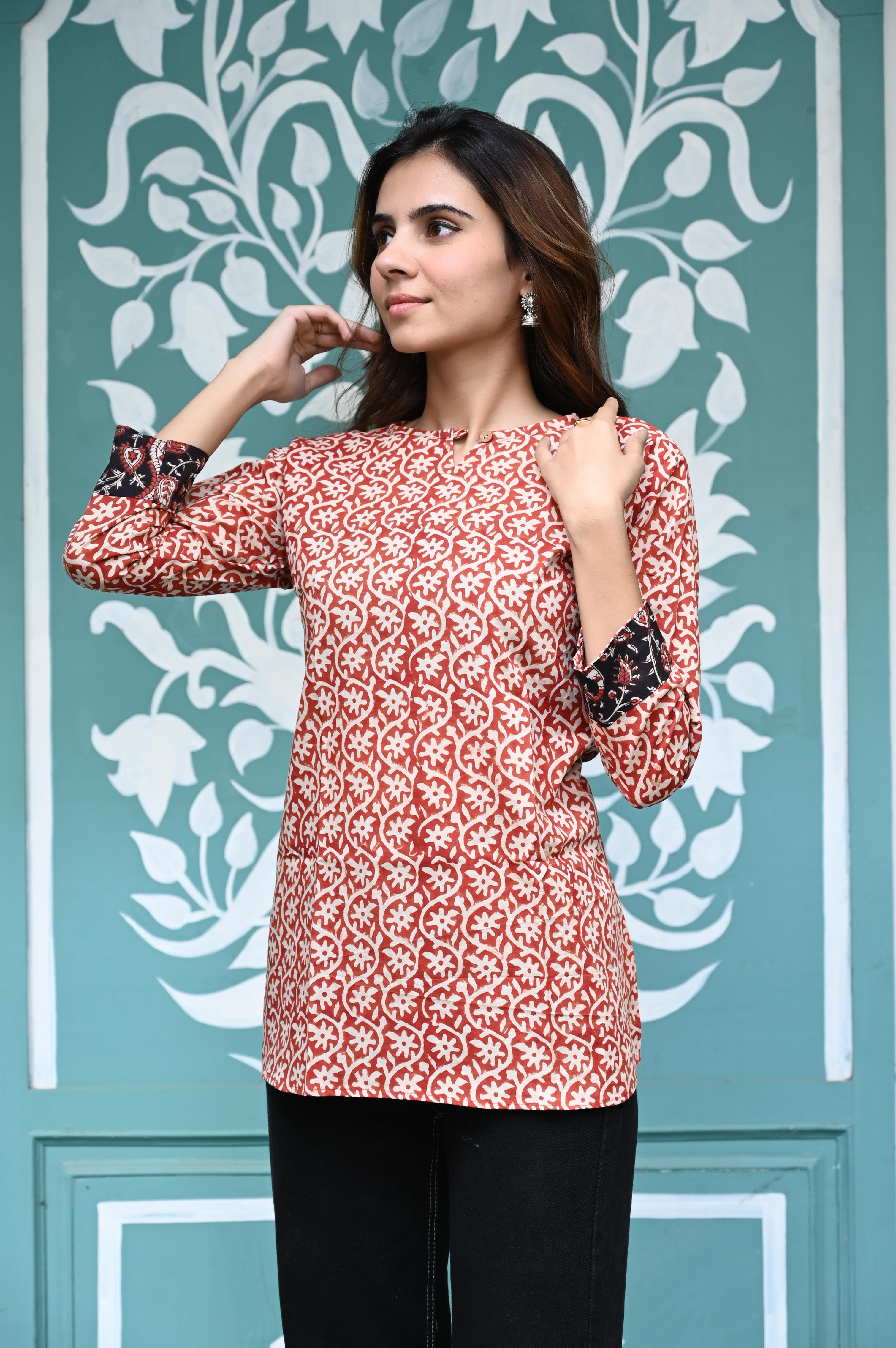 Red Hand-Block Floral Jaal Cotton Short Kurti Top