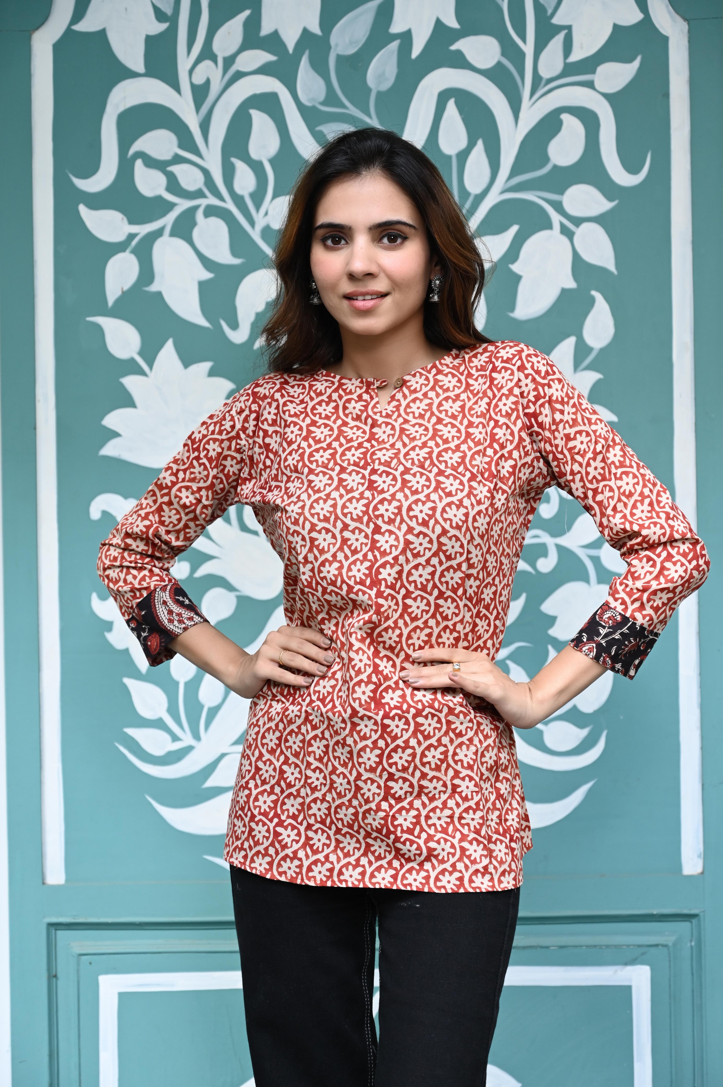 Red Hand-Block Floral Jaal Cotton Short Kurti Top