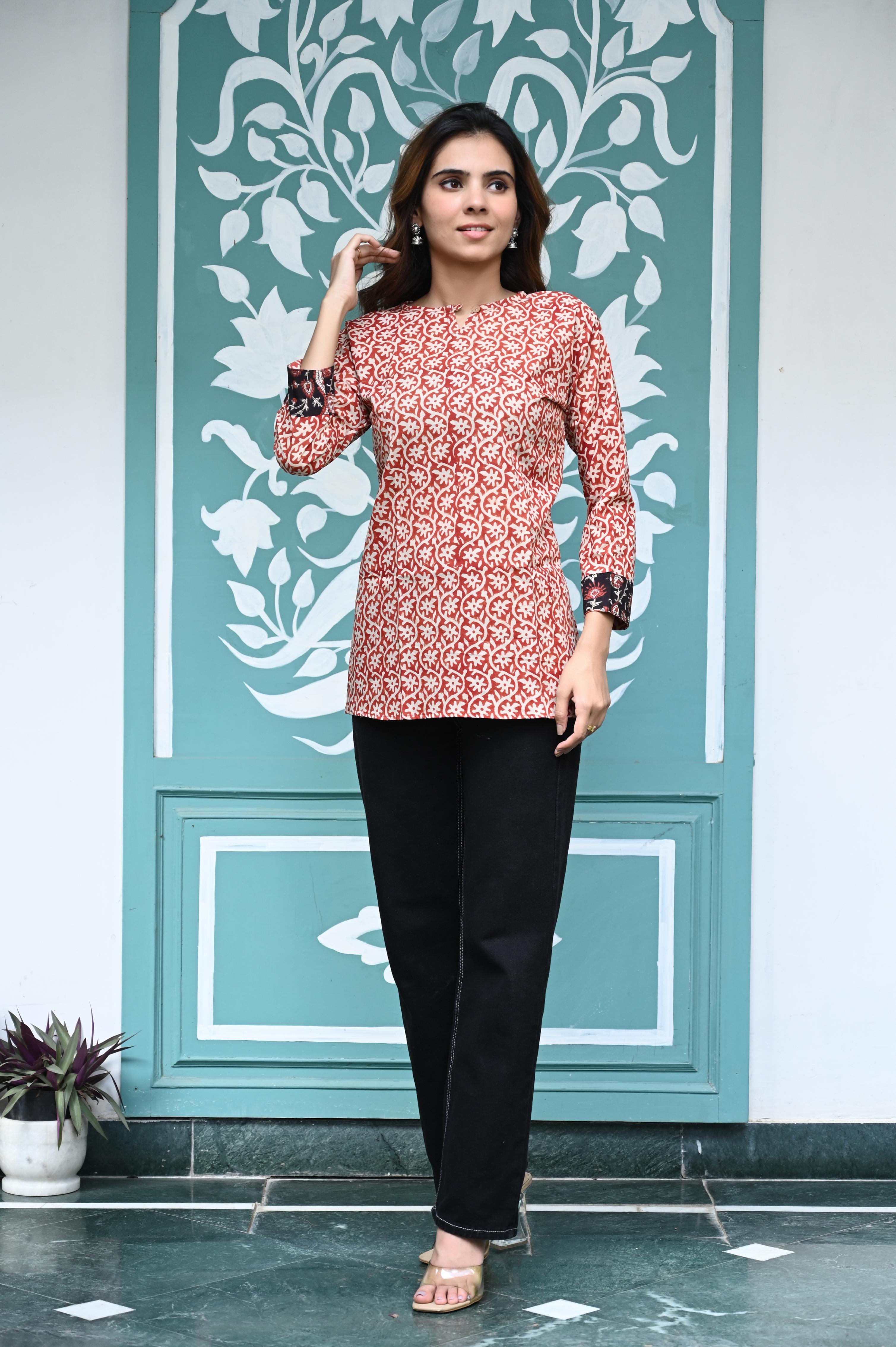 Red Hand-Block Floral Jaal Cotton Short Kurti Top