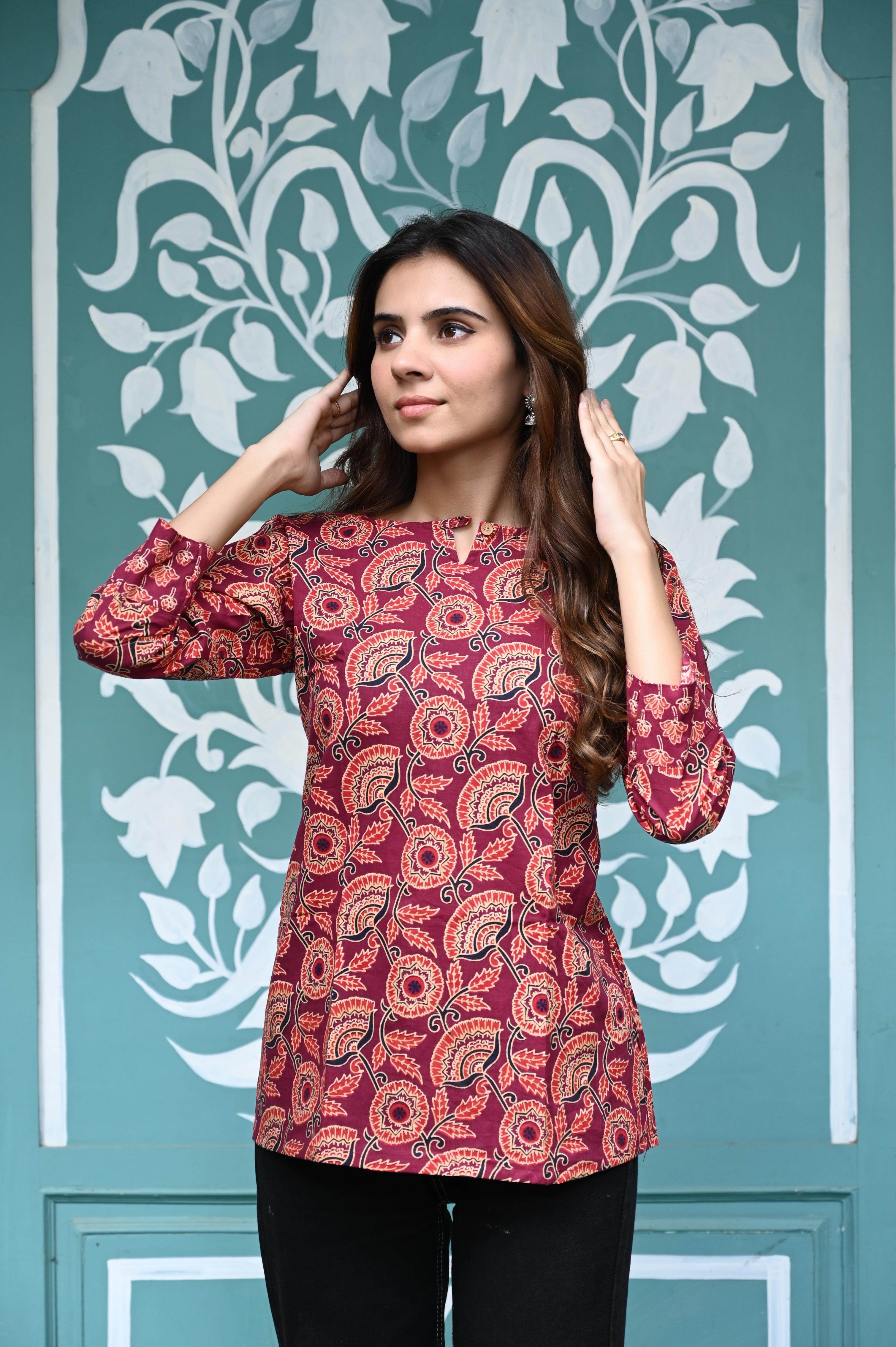 Maroon Hand-Block Kalamkari Floral Print Cotton Short Kurti Top