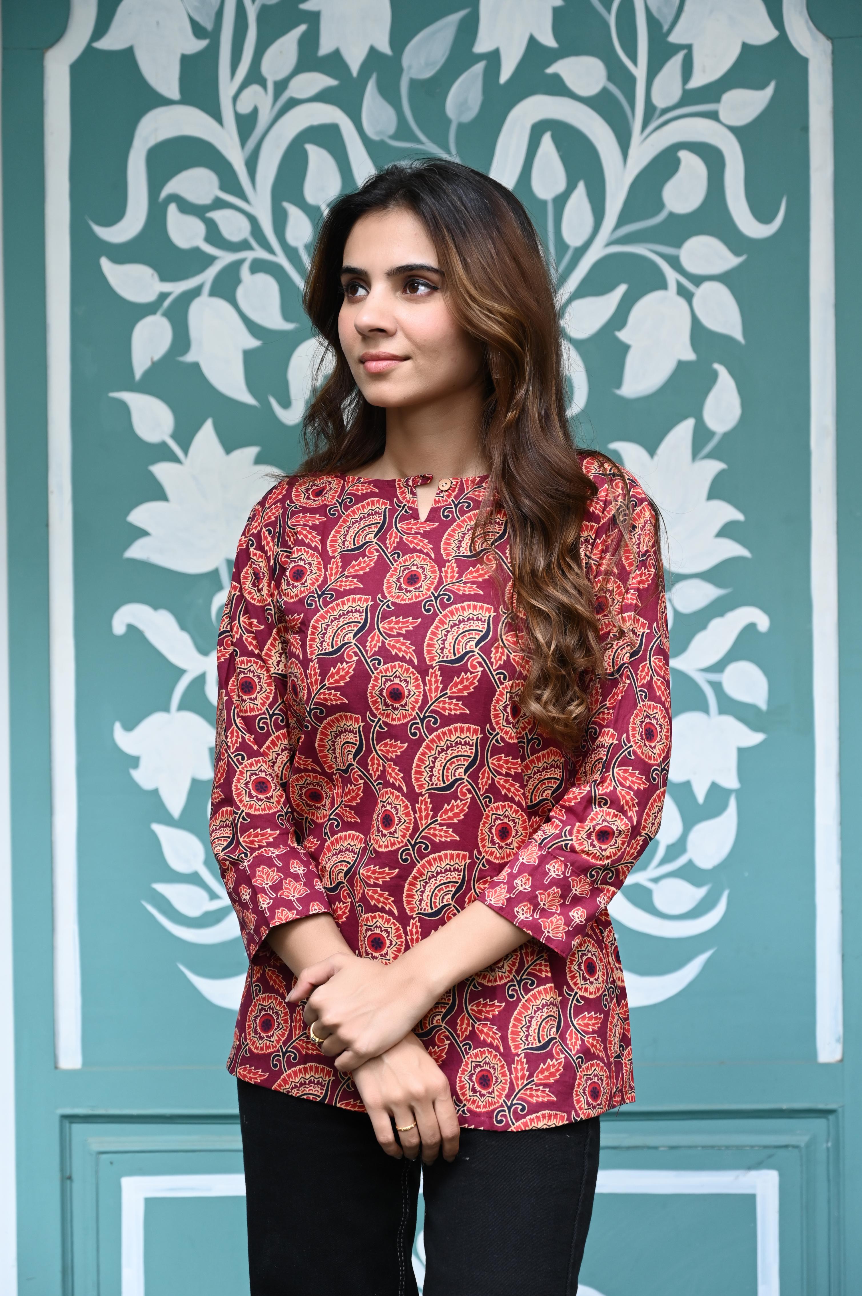 Maroon Hand-Block Kalamkari Floral Print Cotton Short Kurti Top